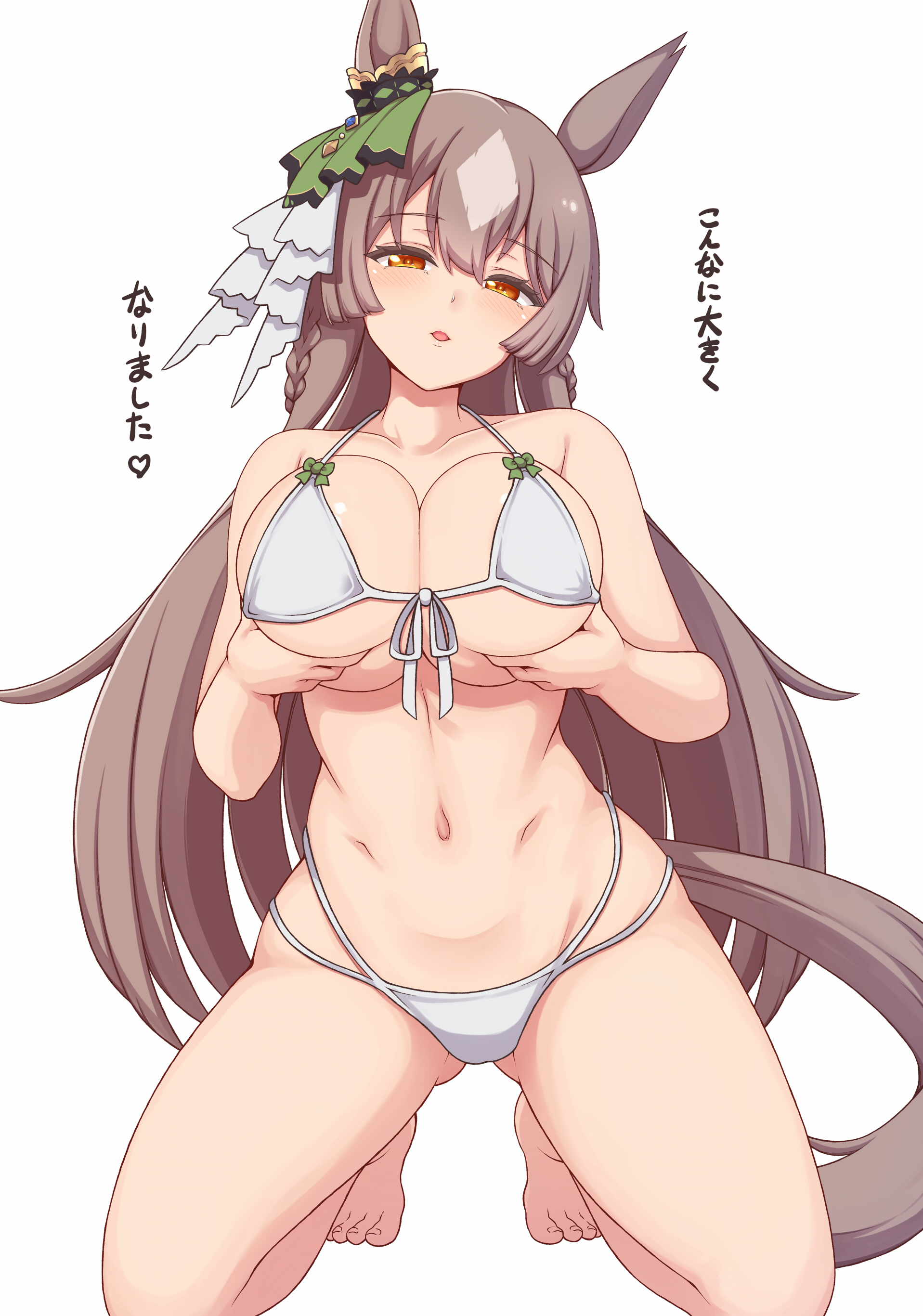1girl, brown eyes, brown hair, cleavage, front-tie bikini top, grabbing own breast, hakutakuanta, horse ears, horse girl, horse tail, kneeling, large breasts, long hair, looking at viewer, multicolored hair, navel, presenting breasts, satono diamond (umamusume), solo, stomach, thighs, translation request, umamusume, umamusume pretty derby, white bikini, white hair