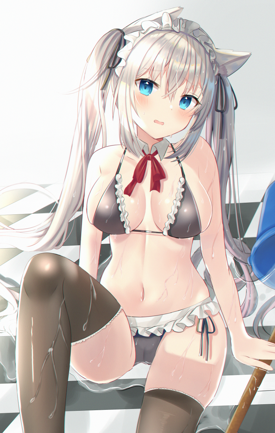 animal_ears bangs bikini black_bikini black_legwear blue_eyes blush bow bowtie breasts cameltoe cat_ears cat_girl checkered_floor collar eyebrows_visible_through_hair female female frilled_bikini frills grey_hair hair_between_eyes hair_over_shoulder highres large_breasts long_hair looking_at_viewer maid_bikini maid_headdress navel nibosi on_floor original puddle red_bow red_bowtie sitting solo string_bikini swimsuit thighhighs twintails very_long_hair water wet white_collar