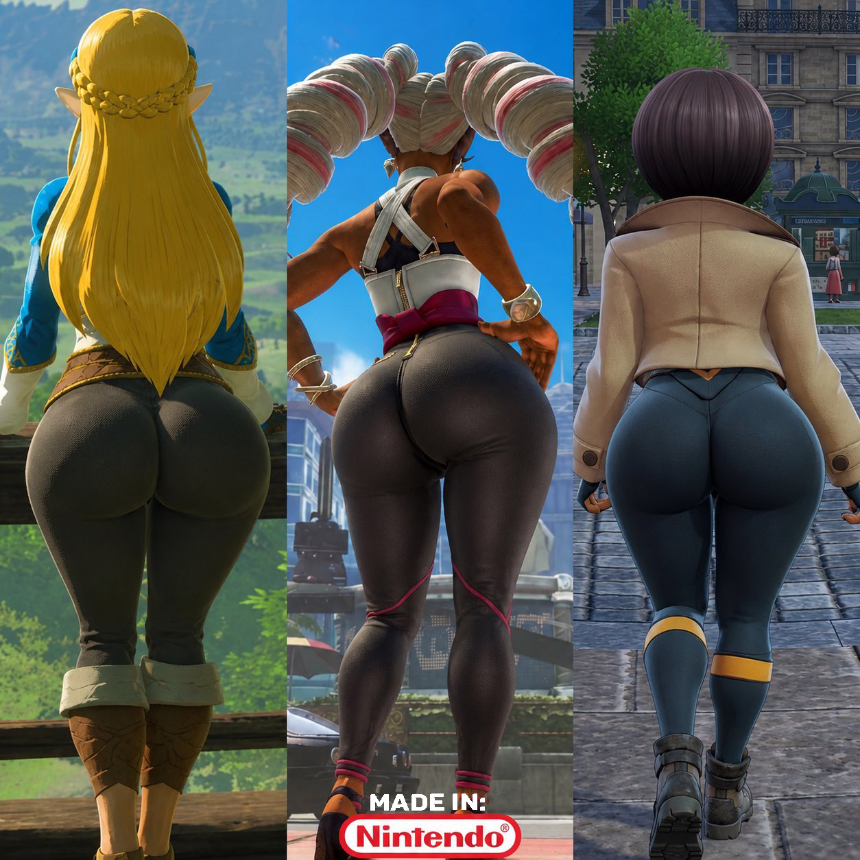 1girls, 3girls, absurdres, ai generated, arms (game), ass, ass focus, bare shoulders, big ass, big breasts, black bodysuit, black hair, blonde hair, bodysuit, booty, breasts, brown jacket, bubble ass, bubble butt, clothing, crossover, curvaceous, curvy figure, dark skin, dark-skinned female, dat ass, drill hair, earrings, elf ears, emma (pokemon), facing away, female, female only, focus on ass, from behind, game freak, gamefreak, hair, highres, huge ass, huge butt, human, human only, jacket, jewelry, large breasts, long hair, looking back, low-angle view, lower body, lower body focus, mask, matiere (pokemon legends: z-a), matiere (pokemon), nail polish, nintendo, pants, pink hair, pokemon, pokemon legends: z-a, princess zelda, short hair, smile, solo, solo female, steam, steamy, the legend of zelda, thick, thick ass, thick hips, thick legs, thick thighs, thighs, tight clothing, twin drills, twintails, twintelle, very long hair, very long hair female, wide ass, wide hips, wide thighs, zelda (breath of the wild)