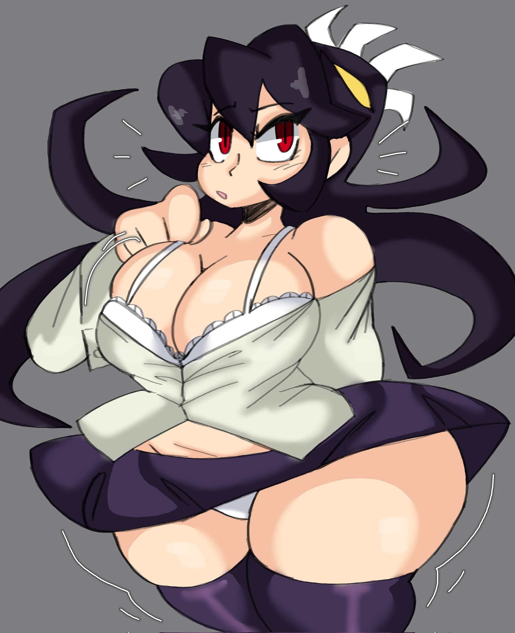 big breasts, bra, breasts, chubby, dork boi, female, filia (skullgirls), lewd dorky, panties, samson (skullgirls), semi-clothed, skirt, skullgirls, tagme, thick thighs, white bra, white panties, wide hips