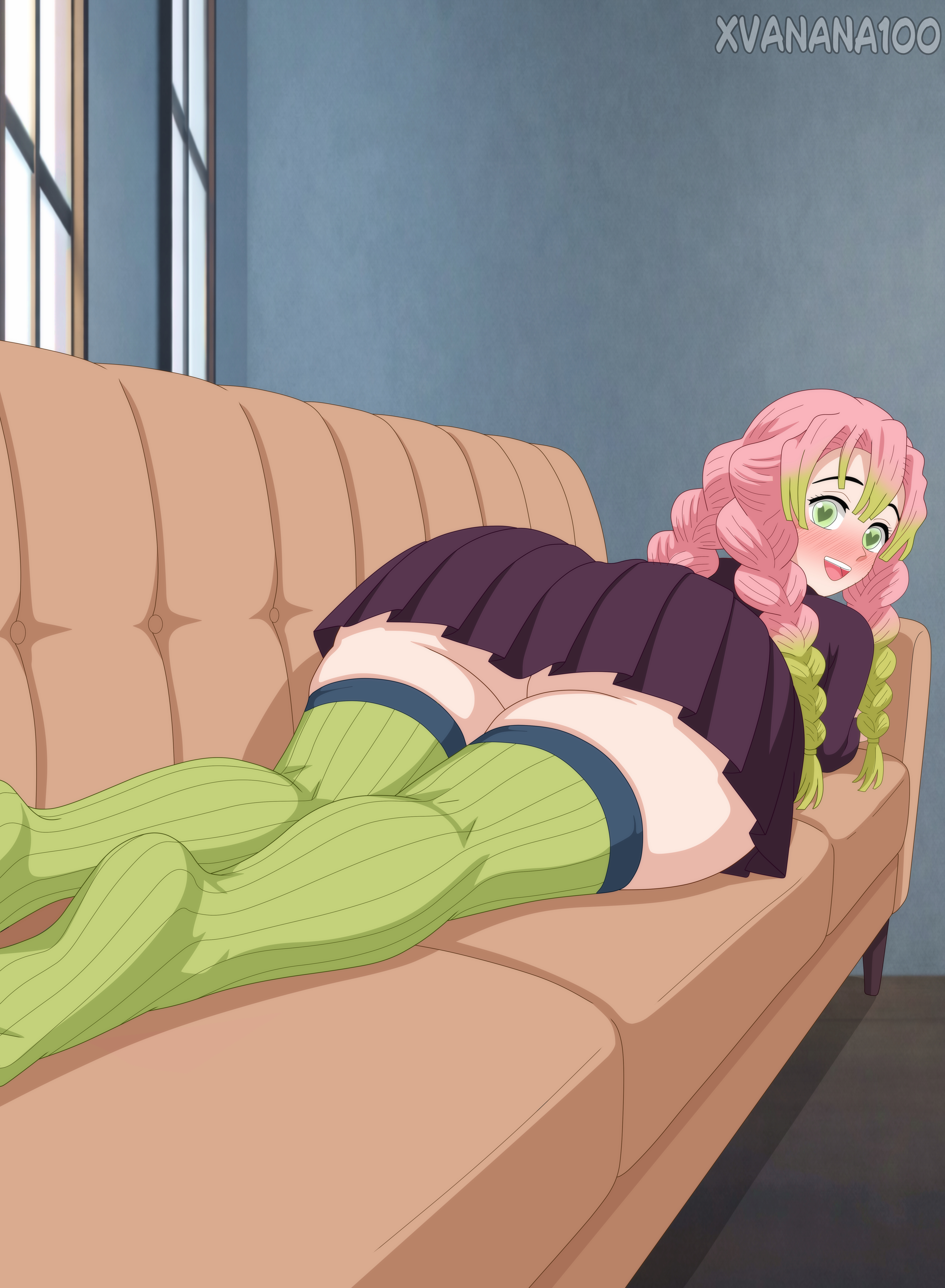 1girl, ass, ass focus, big ass, demon slayer, kanroji mitsuri, kimetsu no yaiba, skirt, socks, thick thighs, thighs, uniform, xvanana100