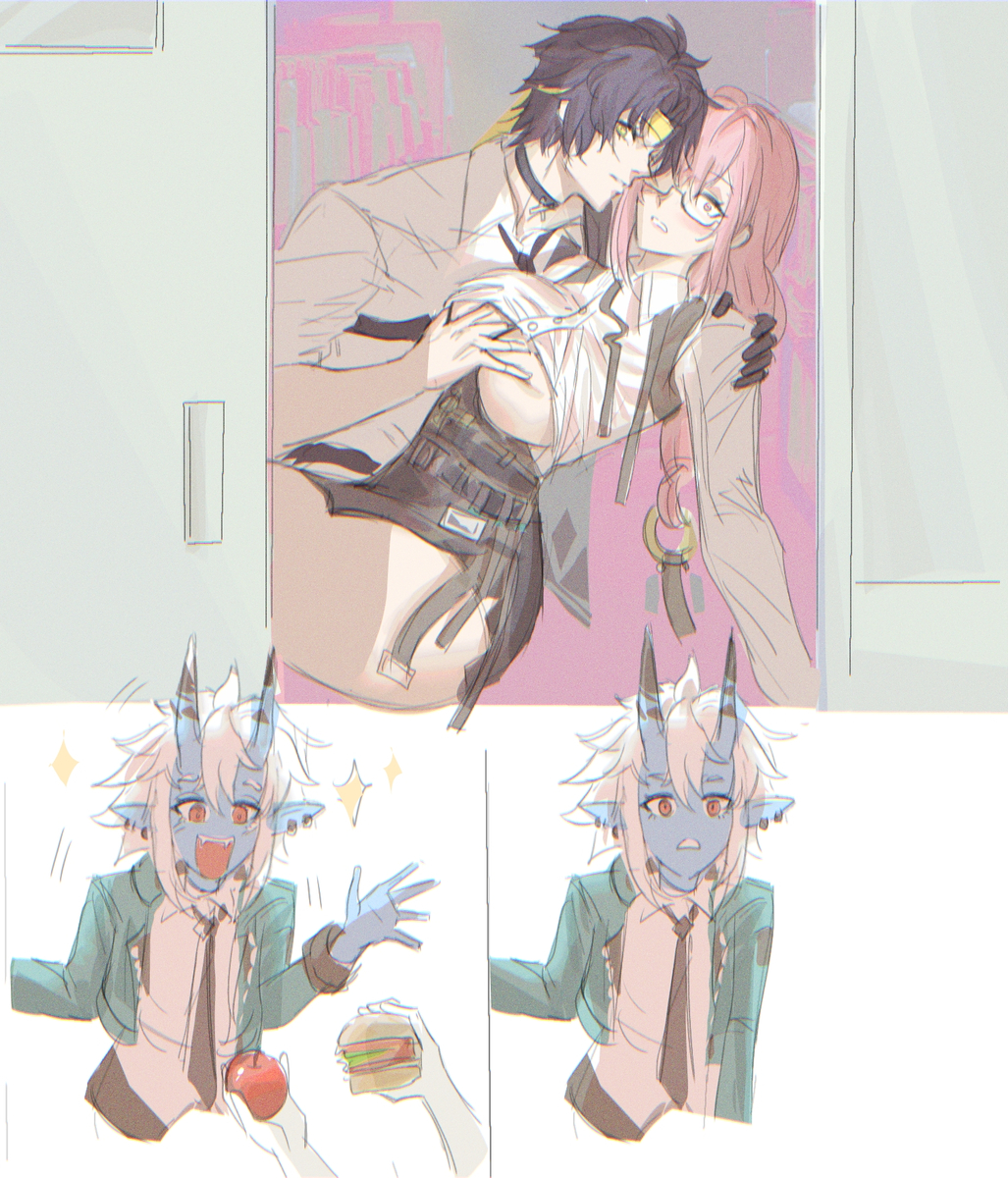1boy, 2d, 2girls, apple, asaba harumasa, blue skin, burger, caught, caught in the act, choker, comic, earrings, female, glasses, gnarlypzofbread, groping breasts, hand on breast, hoyoverse, male, multiple girls, office clothing, oni, oni horns, open door, pink eyes, pink highlights, red eyes, ring, shirt lift, soukaku (zenless zone zero), surprised, tie, tsukishiro yanagi, yellow eyes, yellow headband, zenless zone zero