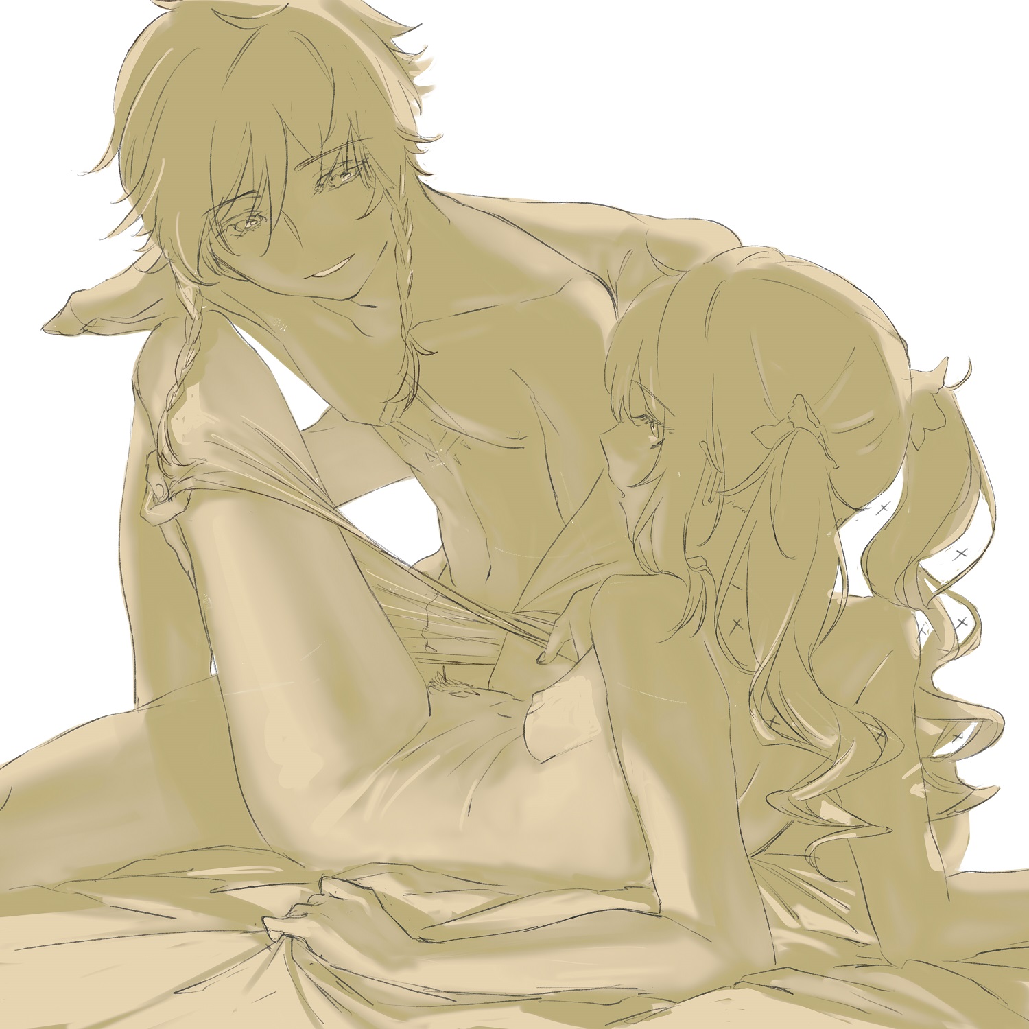 1boy, 1girls, barbara (genshin impact), breasts, female, genshin impact, hoyoverse, imminent sex, male, male/female, monochrome, pantyhose, pantyhose pull, pubic hair, romantic, sensual, sheet grab, sideboob, soft boy, straight, taking clothes off, twintails, undressing, undressing another, undressing partner, venti (genshin impact)