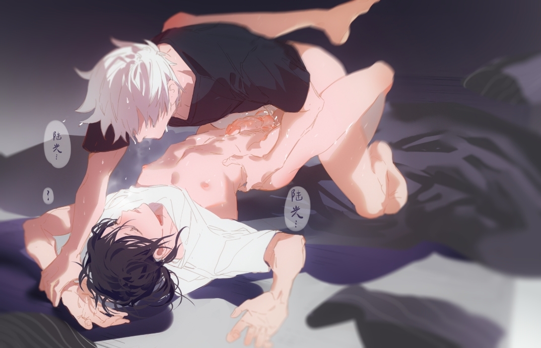 2boys, anal, black hair, cheng xiaoshi (link click), gay, link click, lu guang (link click), male, male focus, male only, male penetrated, male penetrating, missionary position, sweat, white hair, yaoi