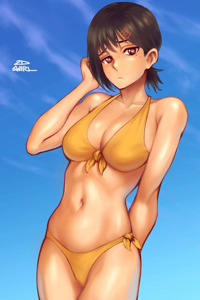 2dnsfw 2dswirl artist_signature beach belly_button black_eyes chainsaw_man hair_grab hand_behind_back higashiyama_kobeni mole mole_under_eye mole_under_mouth nervous ponytail swimsuit tagme watermark yellow_bra yellow_clothing yellow_panties