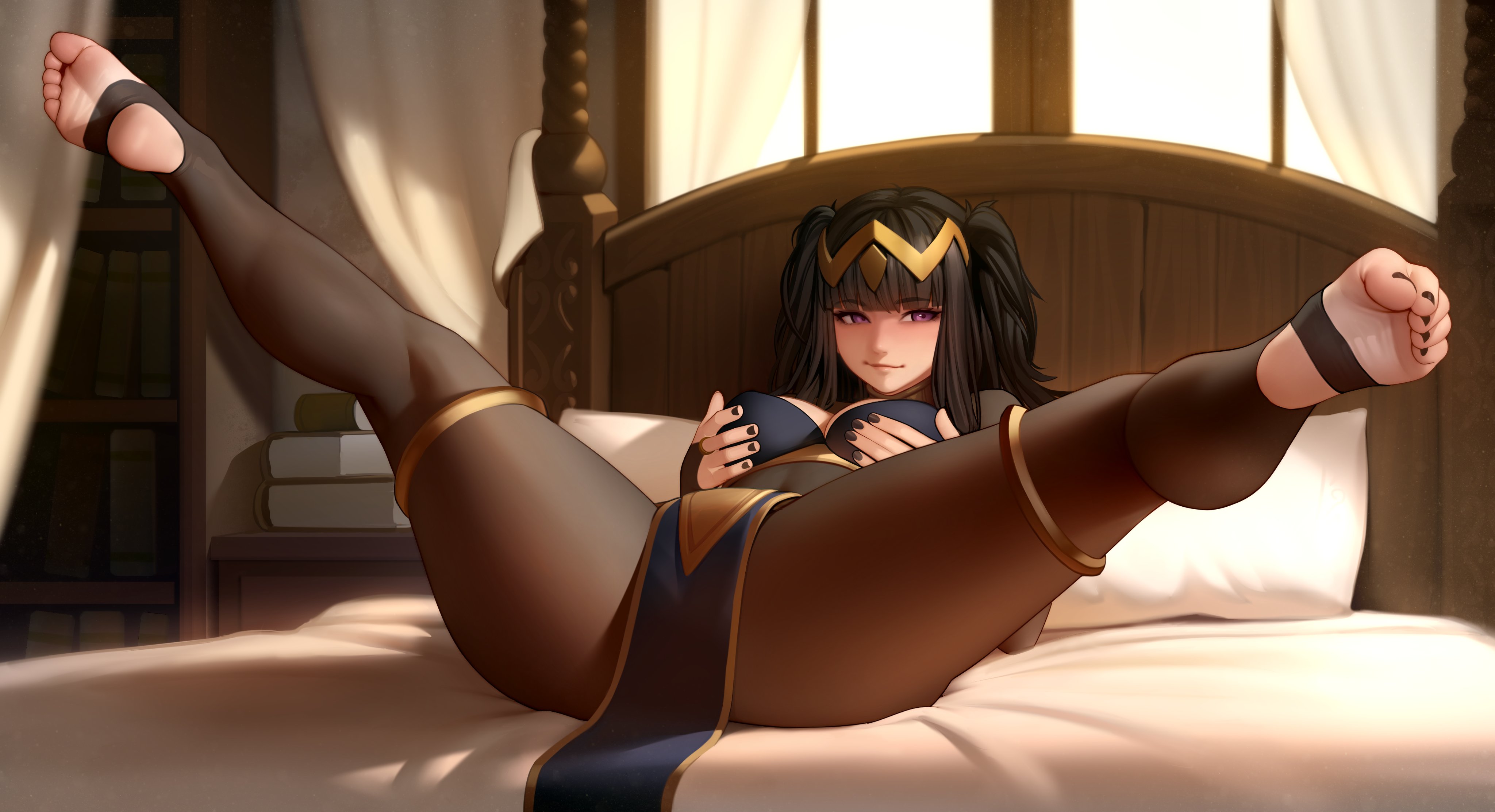 1girl, 2d, bed, bedroom, black hair, black nail polish, feet, feet in air, fire emblem, foot fetish, hime cut, holding breast, kairunoburogu, legs spread, lying on bed, nintendo, pantyhose, stirrup legwear, tagme, tharja (fire emblem)