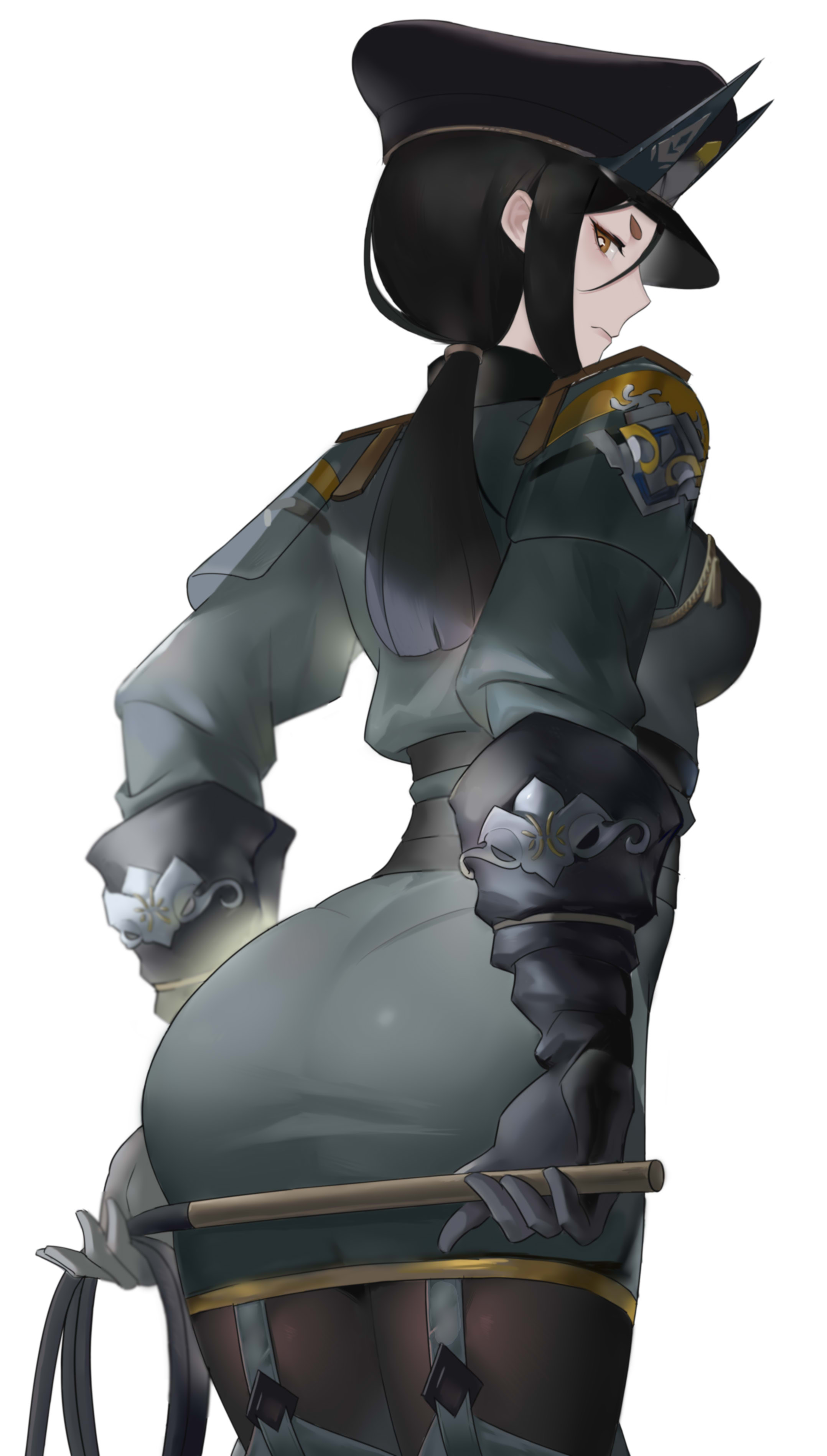 1girls, absurdres, arknights, ass, ass crack, ass focus, back view, big ass, big breasts, big butt, black gloves, black hair, black headwear, black legwear, breasts, butt crack, butt focus, chong (547342983), cowboy shot, curvaceous, curvy, dobermann (arknights), dobermann (lieutenant) (arknights), dress, female, female only, from behind, garter straps, gloves, grey dress, grey jacket, grey pants, grey skirt, hat, highres, hips, holding, holding weapon, holding whip, huge ass, huge breasts, huge butt, jacket, large ass, large breasts, large butt, light skin, light-skinned female, lips, long sleeves, looking at viewer, looking back, massive ass, massive butt, military, military uniform, official alternate costume, panties visible through clothing, pants, pantyhose, pantylines, peaked cap, ponytail, rear view, round ass, round butt, seductive, seductive look, seductive pose, serious, short hair, sidelocks, sideways glance, simple background, skirt, solo, solo female, thick ass, uniform, voluptuous, waist, wasp waist, weapon, whip, white background, wide hips, yellow eyes