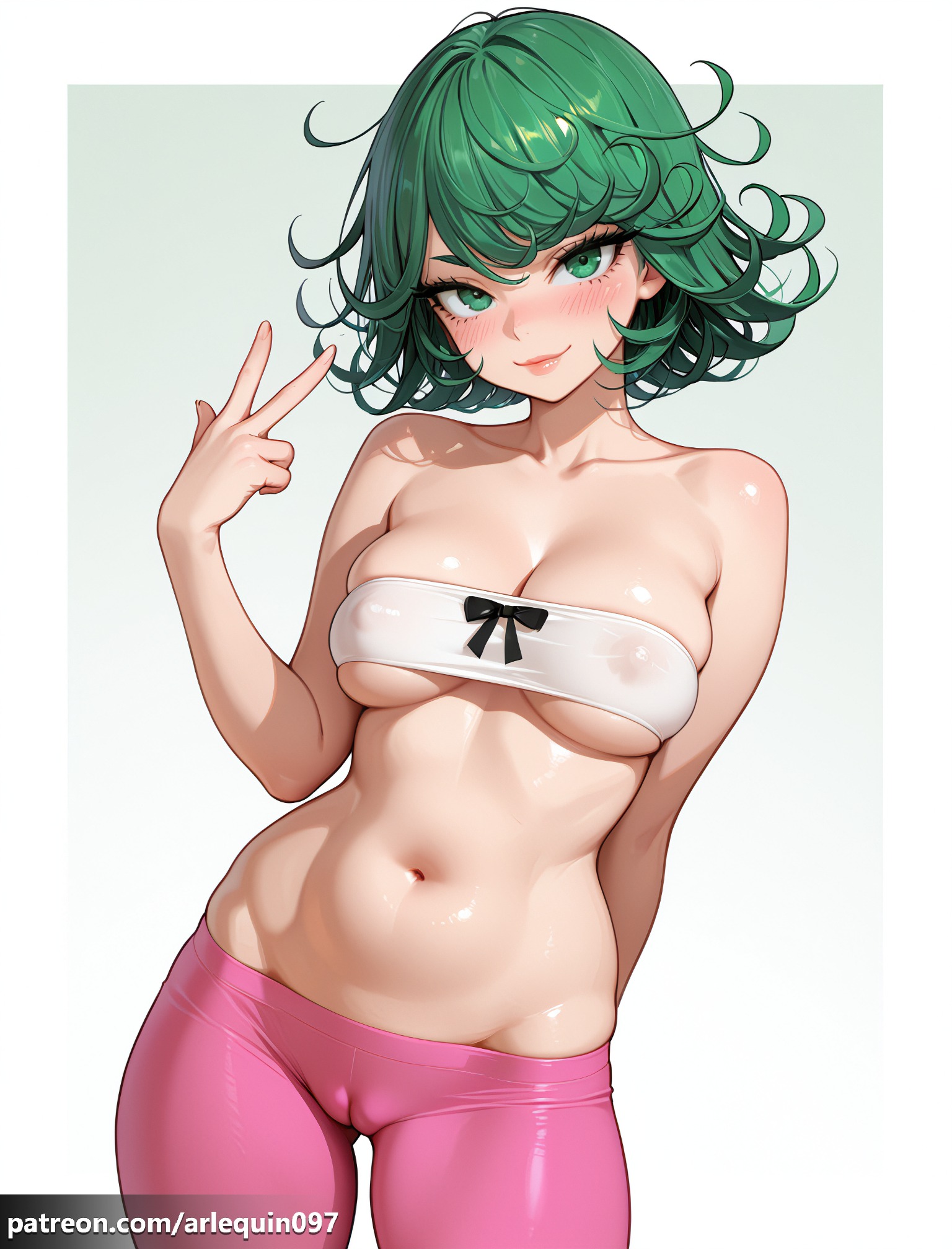 1girl, ai generated, alternate breast size, arlequin097, arm behind back, bandeau, bare shoulders, blush, breasts, cameltoe, cleavage, closed mouth, collarbone, covered nipples, cowboy shot, curly hair, flipped hair, green eyes, green hair, hand up, large breasts, lips, looking at viewer, medium breasts, navel, one-punch man, pants, patreon logo, patreon username, pink pants, see-through, short hair, simple background, skindentation, smile, solo, standing, stomach, strapless, tatsumaki, tight clothes, tight pants, tube top, underboob, v, w, white background, yoga pants