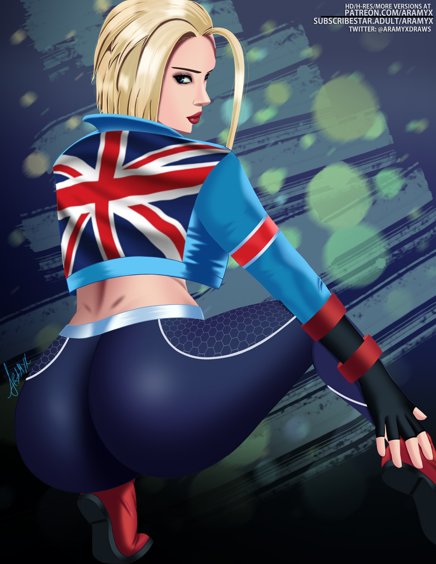 1girls alternate_version_available aramyx ass big_ass big_butt blonde_hair blue_eyes bubble_butt butt cammy_white dat_ass female female_only fully_clothed looking_at_viewer looking_back short_jacket skintight solo street_fighter street_fighter_6 tight_clothing tight_pants