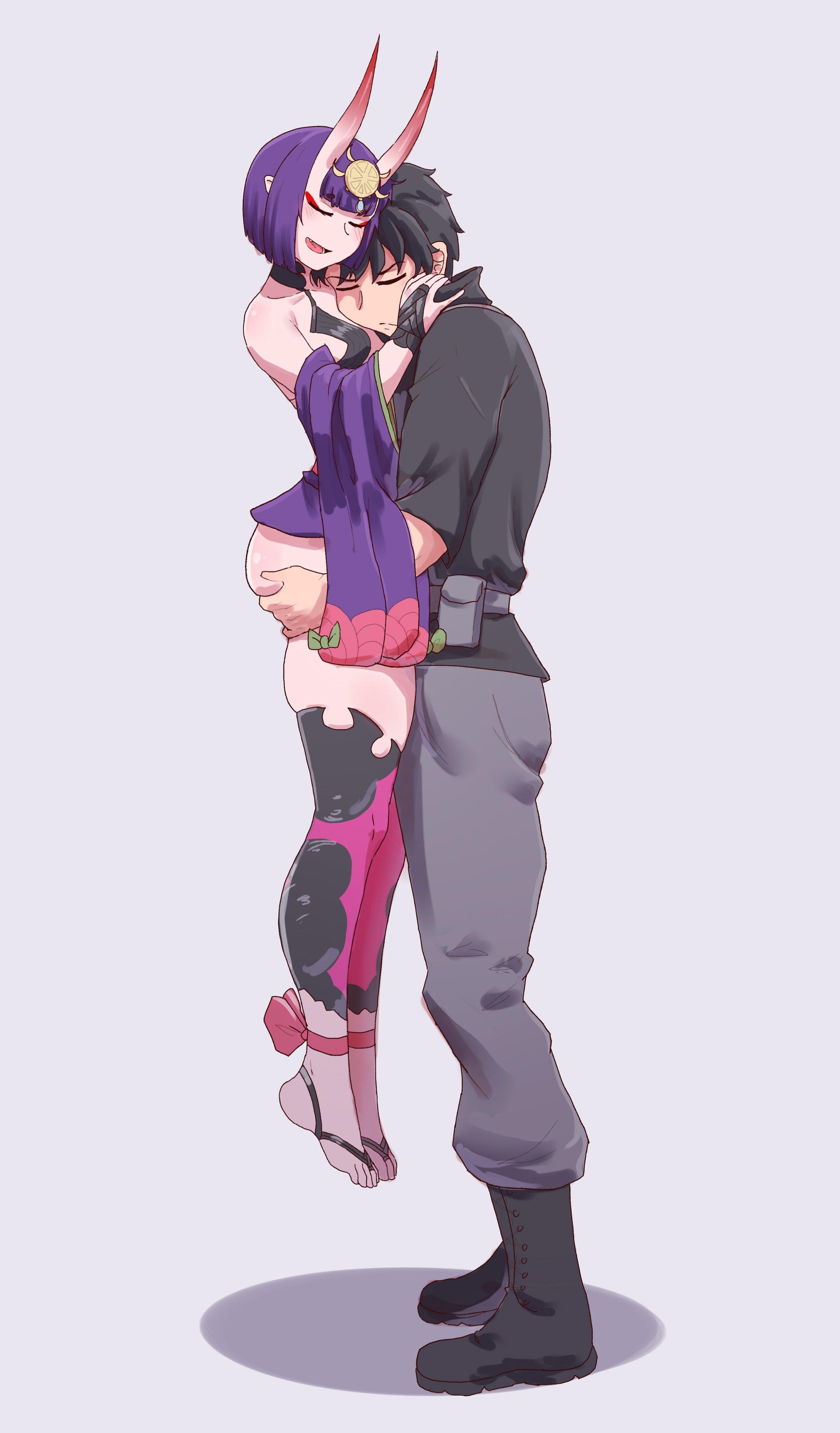 1boy, 1girls, ass, big ass, black hair, comforting squirrel girl (meme), fate (series), fate/grand order, female, fujimaru ritsuka (male), hectaryecgaa, horns, larger male, larger male smaller female, male, megayecgaa (hectaryecgaa), meme, oni, oni female, oni horns, shuten douji (fate), smaller female, violet hair