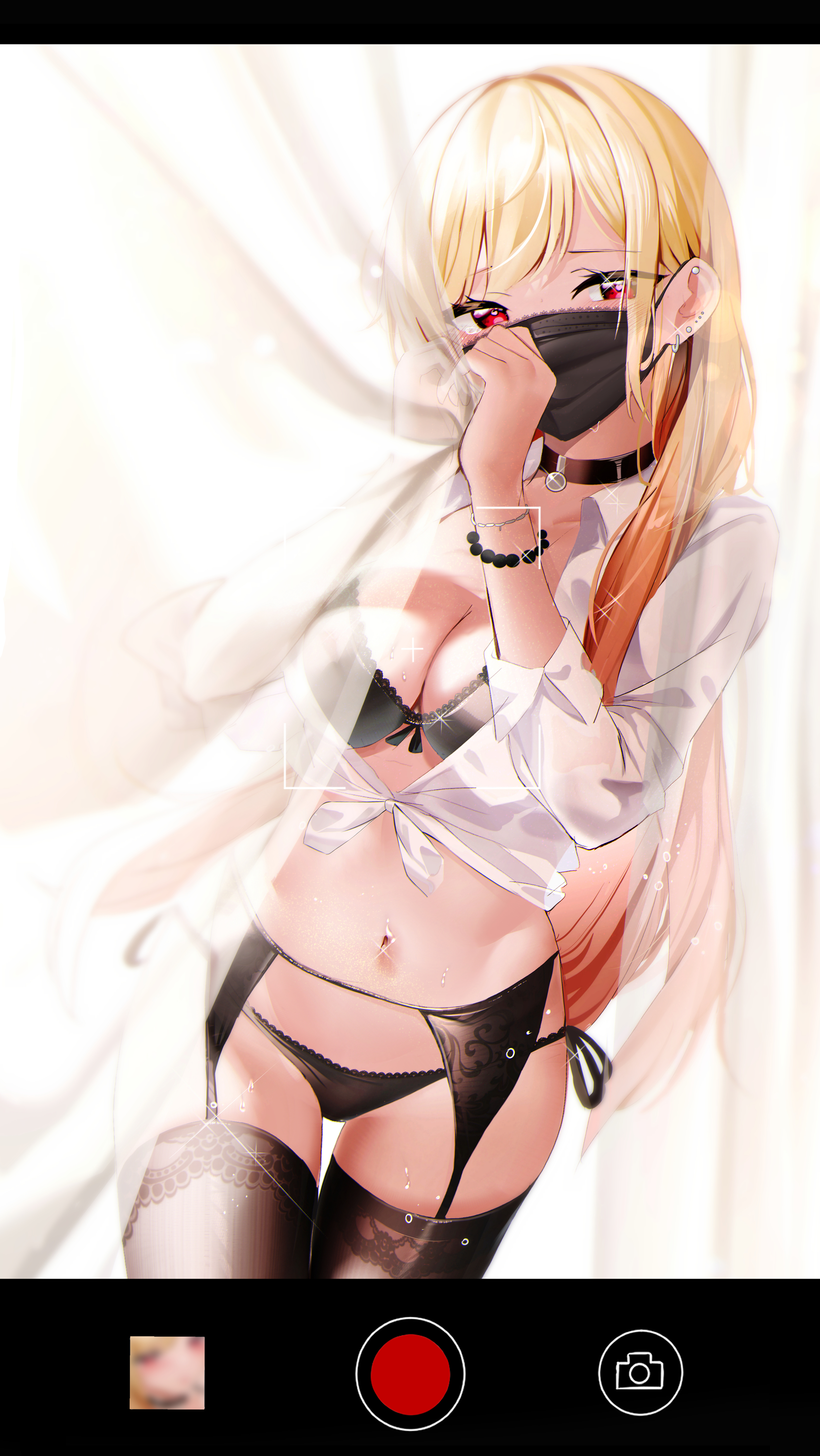 absurdres, bangs, bead bracelet, beads, black bra, black choker, black garter belt, black legwear, black mask, black socks, blonde hair, bra, bracelet, breasts, choker, cleavage, curtain grab, curtains, fantongjun, female, garter belt, gradient hair, gyaru, heart, heart-shaped pupils, highres, jewelry, kitagawa marin, lace trim, lace-trimmed bra, lace-trimmed panties, mask, medium breasts, mouth mask, multicolored hair, navel, panties, partially unbuttoned, phone screen, red eyes, see-through, shirt, side-tie panties, socks, solo, sono bisque doll wa koi wo suru, straight hair, swept bangs, symbol-shaped pupils, thigh socks, thighhighs, underwear, viewfinder, white shirt