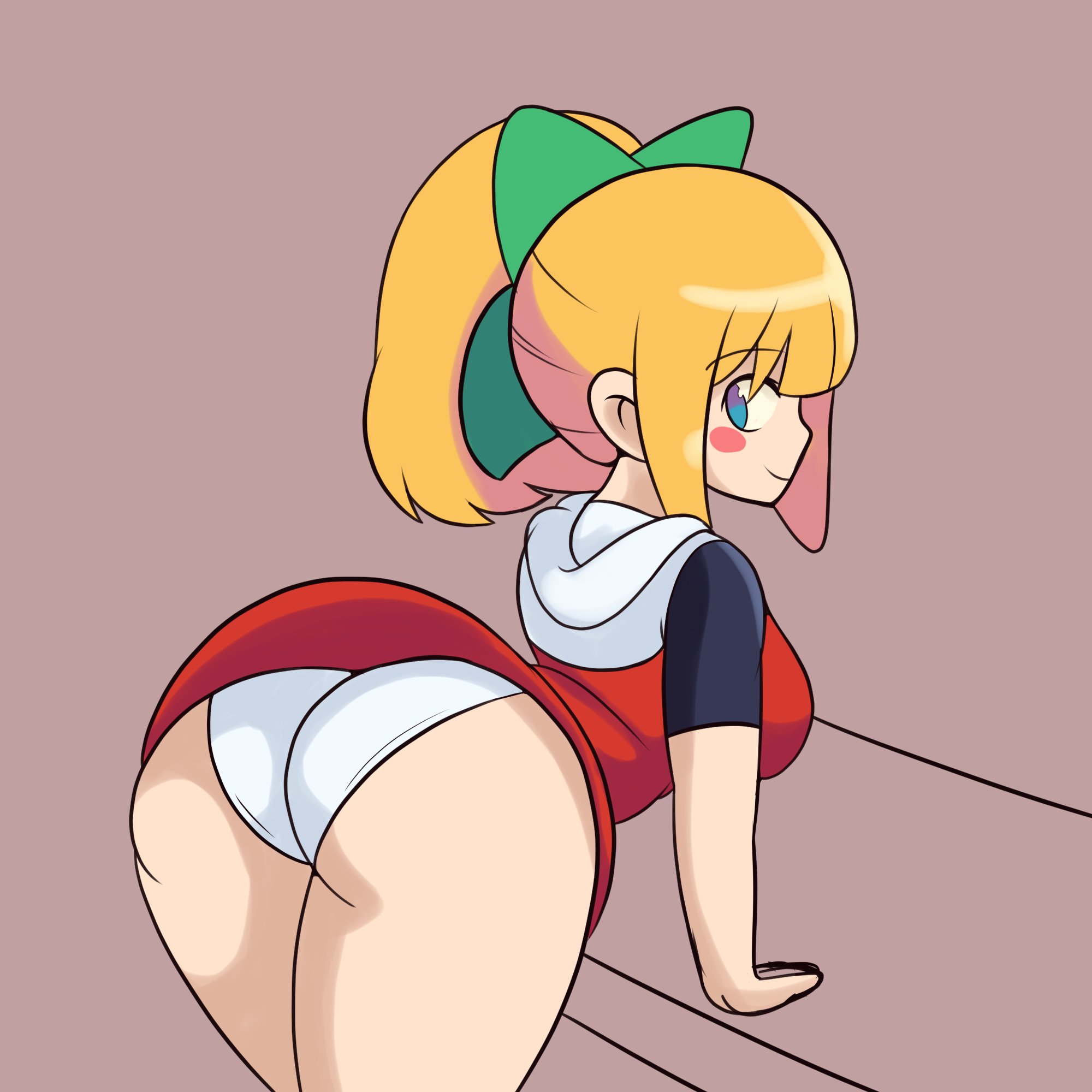 1girls, ass, big ass, blonde hair, blue eyes, blush, blushing, blushing at viewer, bubble ass, bubble butt, capcom, clothing, female, female only, flirting with viewer, hair ornament, hair ribbon, happy, highres, huge ass, iggy-bomb, jacket, looking at viewer, looking back, mega man, mega man (classic), panties, ponytail, presenting, presenting ass, robot, robot girl, roll, shortstack, skirt, smile, smiling at viewer, solo, solo focus, thick thighs, thighhighs, thighs, upskirt, video game character, video game franchise, video games