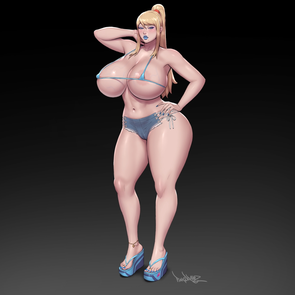 1girls big_ass big_breasts bimbo blonde_hair breasts collar fat_ass female female_only high_heels huge_breasts light-skinned_female looking_at_viewer metroid nintendo pinkdrawz samus_aran solo string_bikini tight_clothing