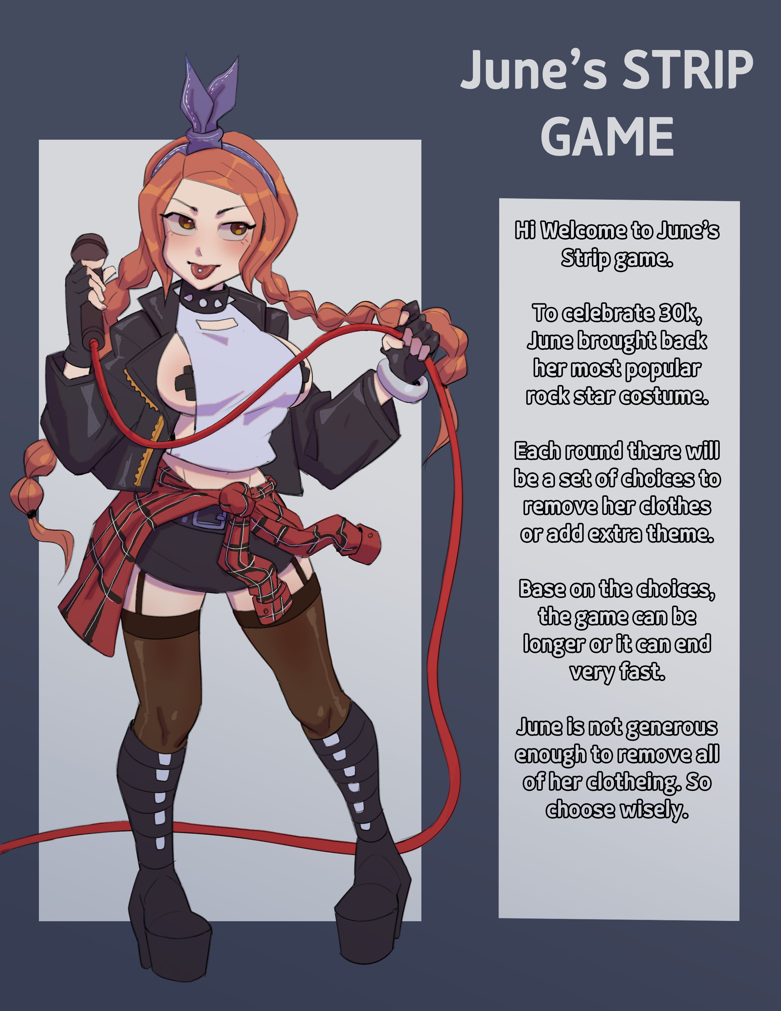 1girls, bandaids on nipples, bondage, boots, censored nipples, collar, covered nipples, english text, female, hyyun, june (hyyun), long hair, orange eyes, orange hair, original, original character, piercing, ponytail, ponytails, punk, punk girl, sole female, strip game, text, tongue piercing