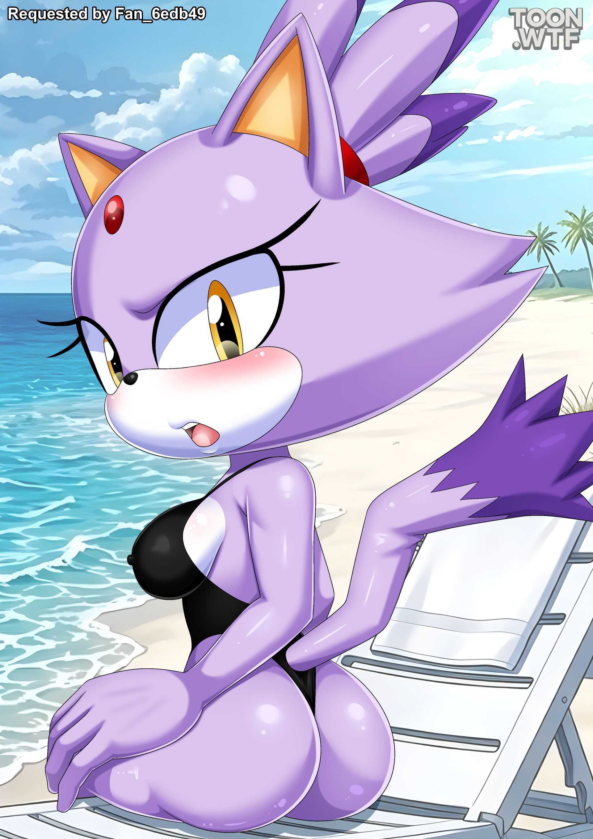 1girls, anthro, ass, bbmbbf, blaze the cat, blush, breasts, cat, domestic cat, feline, female, female only, looking at viewer, mobian (species), mobius unleashed, open mouth, palcomix, sega, solo, sonic (series), sonic the hedgehog (series), swimsuit, teeth, tongue, toon.wtf