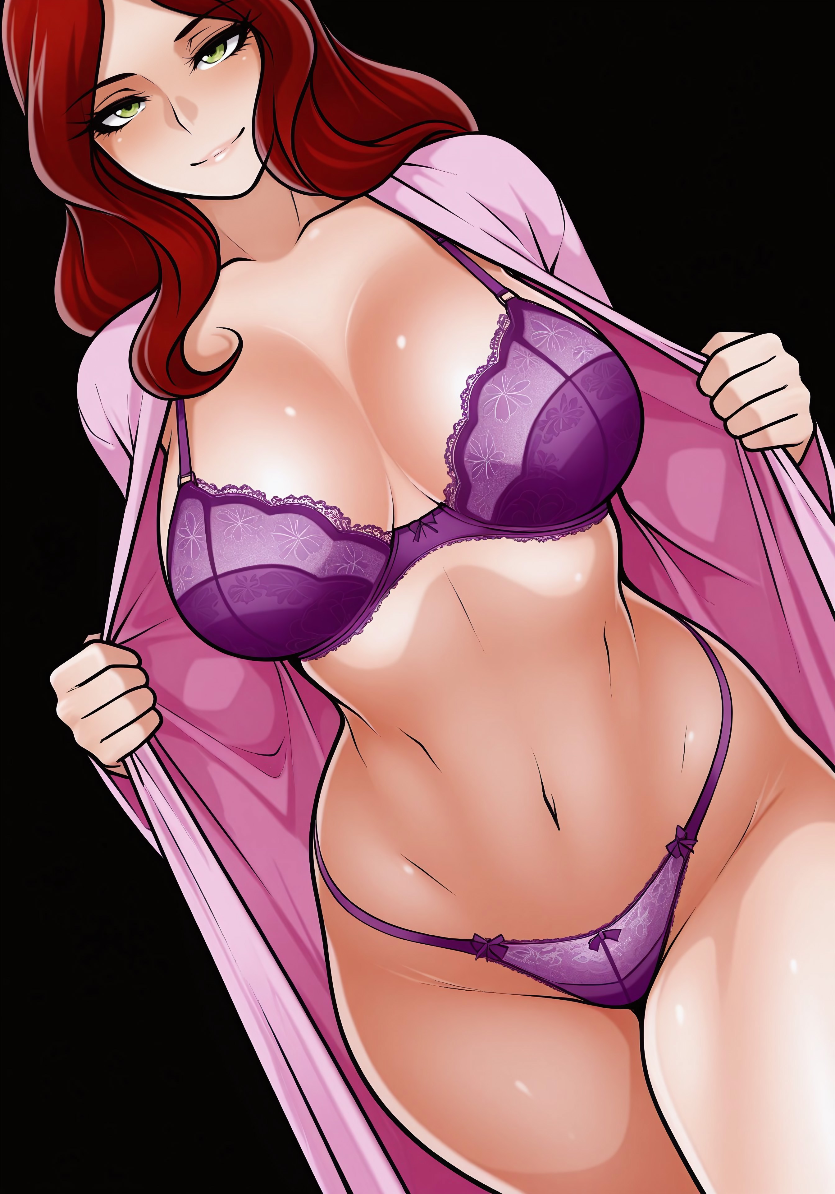 ai generated, ai jago dibuja, bra, dutch angle, female, female focus, female only, green eyes, lace-trimmed bra, lace-trimmed panties, large breasts, living with hipstergirl and gamergirl, looking at viewer, open clothes, open robe, opening robe, panties, partially clothed, partially clothed female, pinup, red hair, robe, simple background, smile, smile at viewer, sophie (living with hipstergirl and gamergirl)
