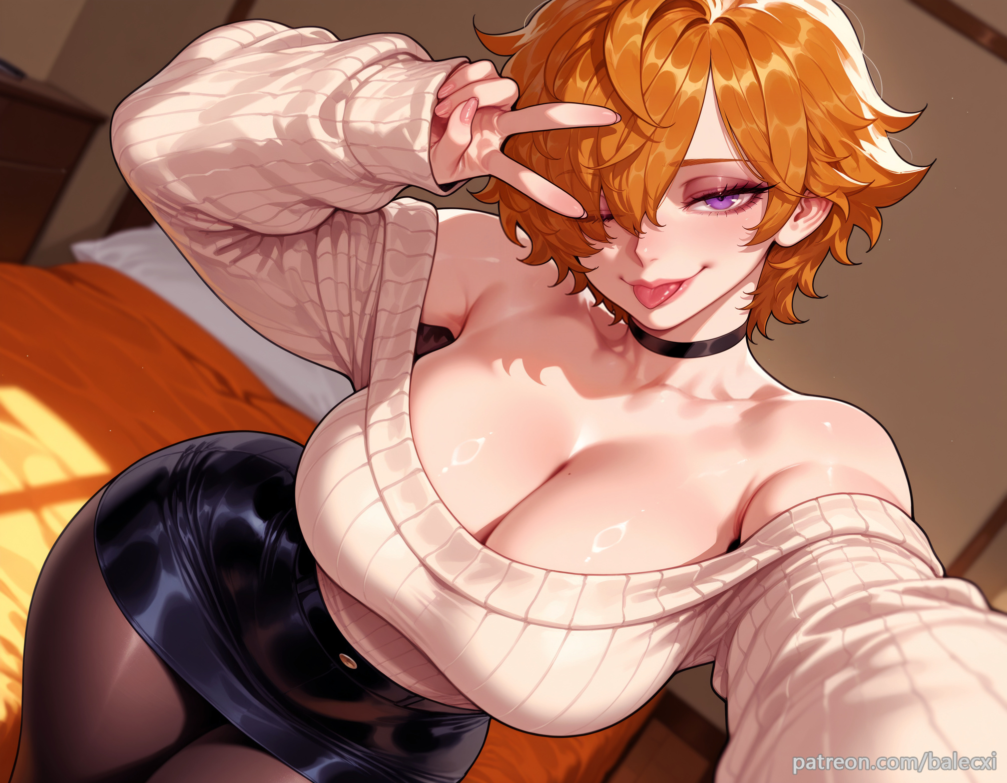 1girl, ai generated, balecxi, bare shoulders, black choker, black skirt, cleavage, clothing, collarbone, female, female only, hair over one eye, large breasts, looking at viewer, mole, mole on breast, off shoulder, off-shoulder sweater, one eye closed, one piece, orange hair, pantyhose, patreon username, pencil skirt, purple eyes, selfie, short hair, solo, tongue, tongue out, v, vegapunk lilith, white sweater