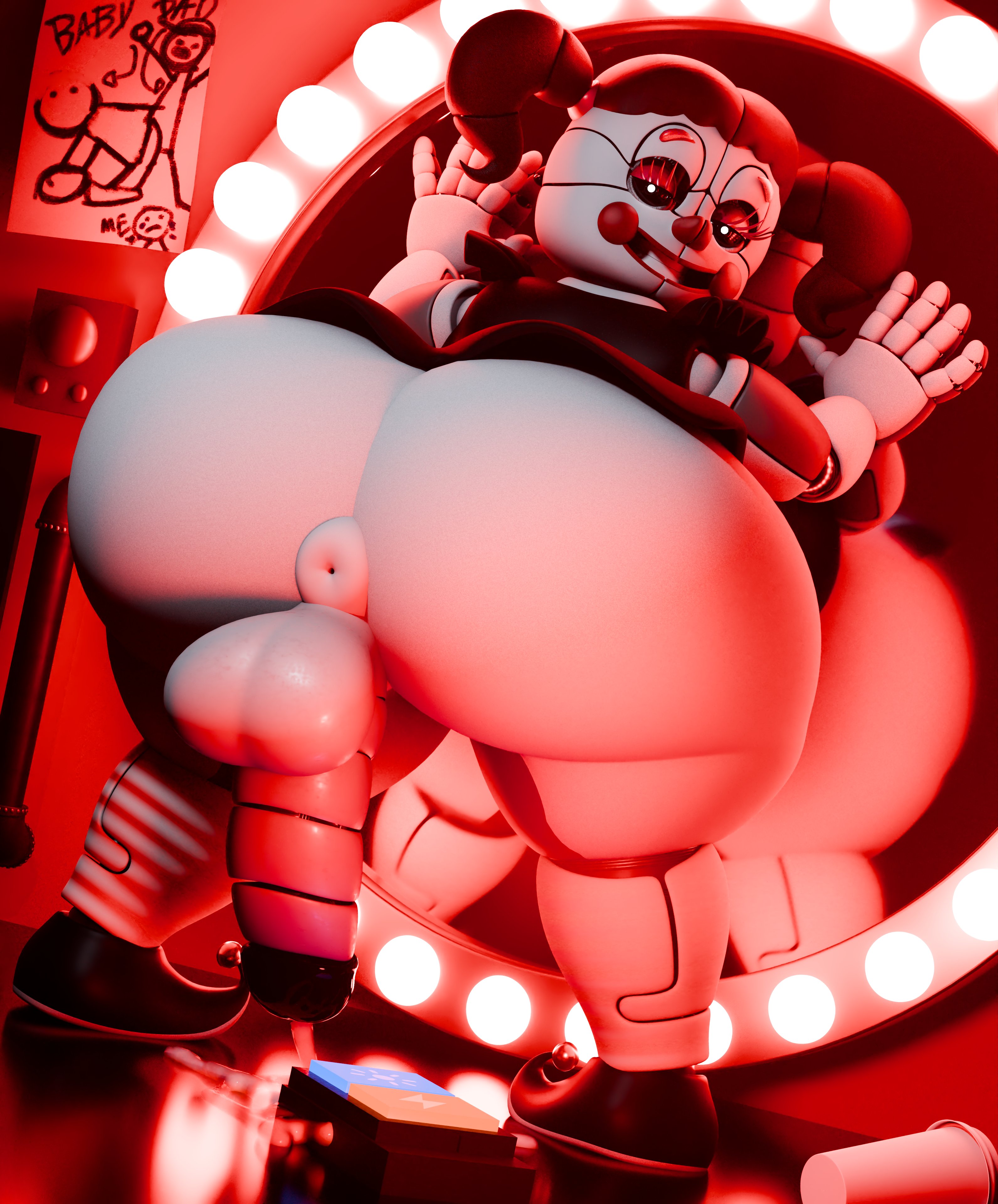 1futa, 2026, 3d, 3d (artwork), animatronic, animatronic female, anus, ass, ass bigger than head, ass focus, balls, ballsack, big ass, blender, blender (artwork), blender (software), circus baby (fnaf), circus baybee (jordevoir), clown, clown girl, clown makeup, coolbeanoishere, digital art, digital drawing (artwork), digital media (artwork), fat ass, five nights at freddy's, five nights at freddy's: sister location, futanari, gynomorph, humanoid, intersex, jordevoir, looking at viewer, looking back, mirror, orange hair, penile, penis, pigtails, puffy anus, redhead, remote control, robot, robot girl, robot humanoid, scottgames, solo, testicles, thicc, thick, thick thighs, white skin