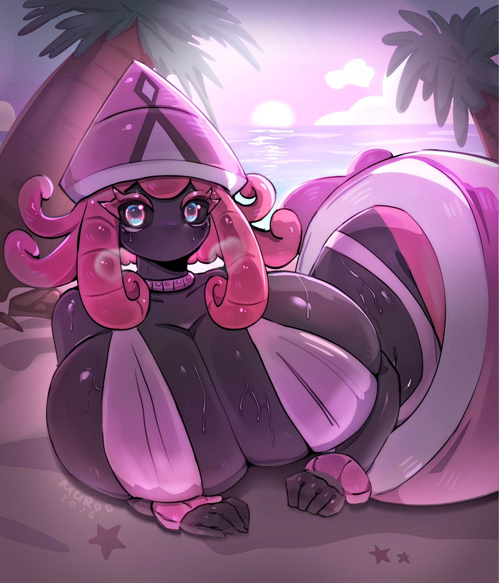 1girls, 2026, beach, big breasts, bikini, black body, black sclera, black skin, breasts, breasts bigger than head, curvaceous, curvy, curvy female, curvy figure, eyelashes, female, generation 7 pokemon, glistening, glistening body, huge breasts, humanoid, large breasts, laying down, legendary pokemon, lying, lying on side, mouthless, muroo, nintendo, no humans, pink hair, pokemon, pokemon (species), pokemon sm, solo, tapu lele