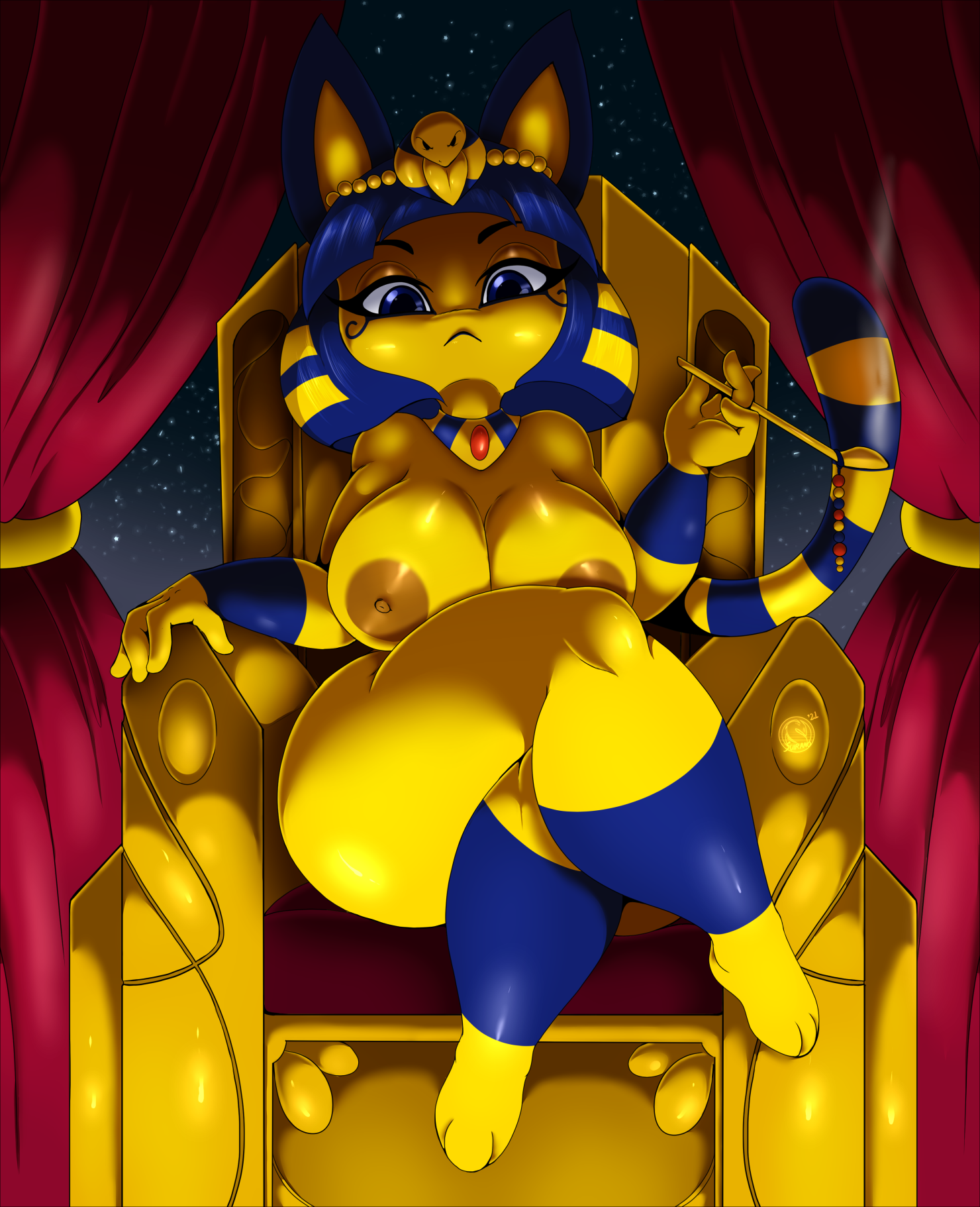 animal crossing, ankha, anthro, areolae, ass, big breasts, blue eyes, blue hair, breasts, chair, crossed legs, domestic cat, egyptian, felid, feline, felis, female, furniture, hair, hi res, huge areolae, large breasts, looking at viewer, mammal, nintendo, nipples, no nose, nude, nude female, shortstack, smoking pipe, solo, suirano, thick thighs, throne, two-tone hair, video games, voluptuous, yellow skin