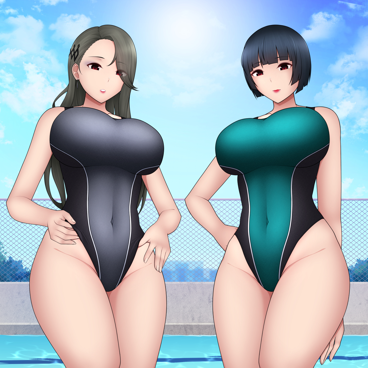 2girls, alternate costume, atlus, big breasts, bph, breasts, female, megami tensei, one-piece swimsuit, persona, persona 5, pool, sae niijima, swimsuit, tae takemi, water