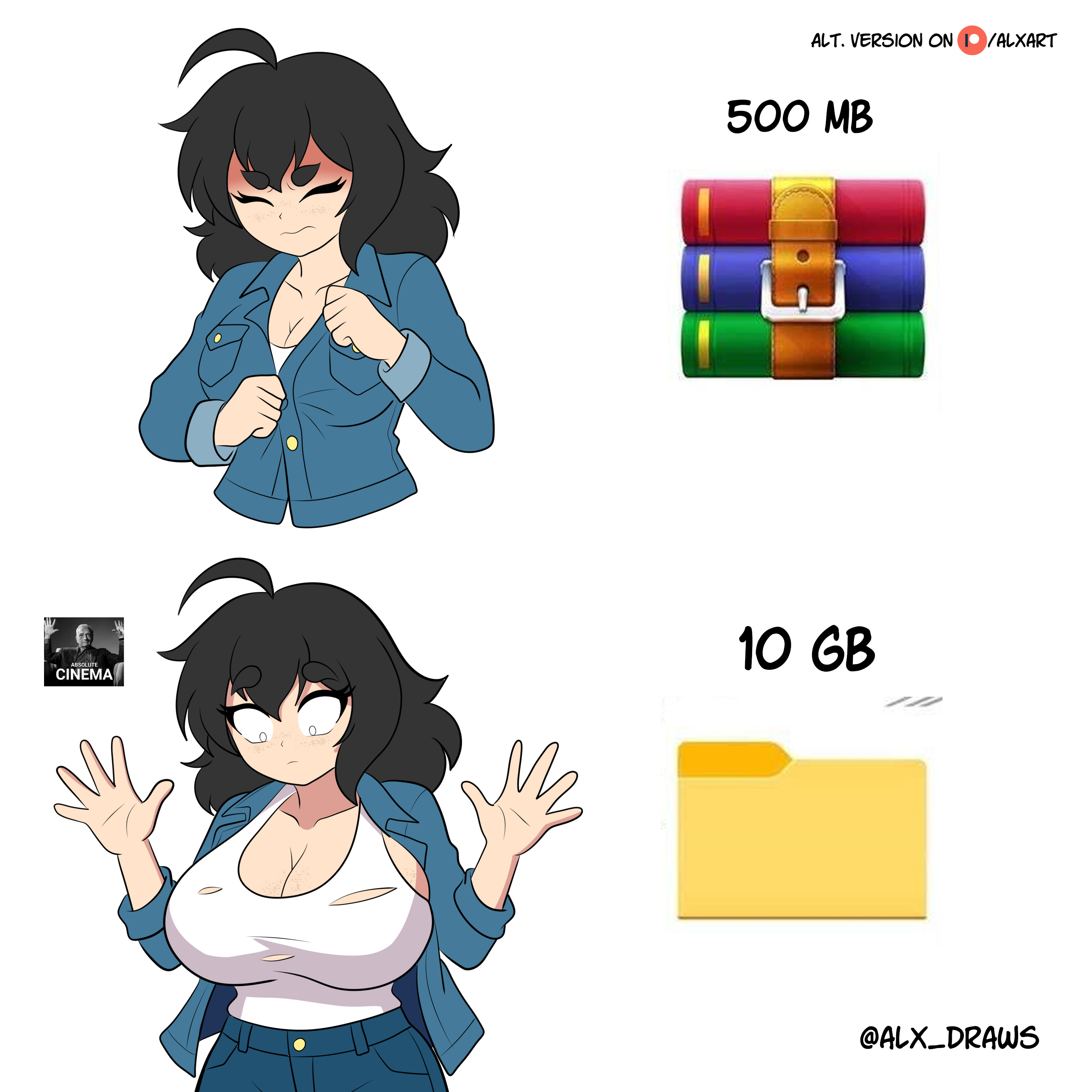 1girls, ahoge, alxdraws, black eyes, black hair, breast expansion, breast growth, claire (alxarts), decompressed file meme, long hair, meme, original, shocked, surprised, tank top, torn clothes