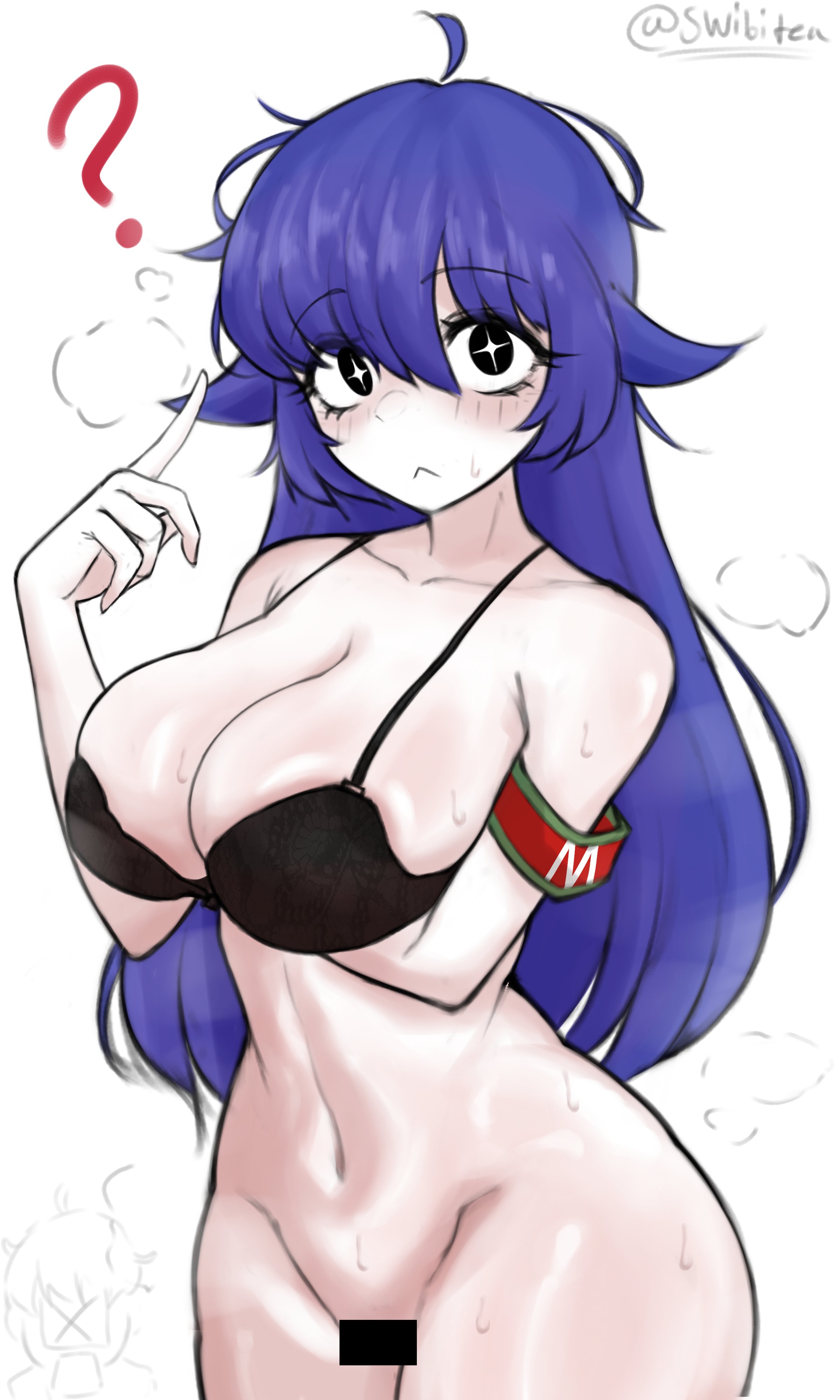 ?, + +, 1girl, ahoge, armband, bar censor, barefoot, black bra, black eyes, blue hair, bongbong, bra, censored, censored pussy, cleavage, closed mouth, collarbone, colored skin, huge breasts, index finger raised, lobotomy corporation, long hair, looking at viewer, navel, project moon, red armband, simple background, steam, sweat, swibitea, thighs, twitter username, white background, white skin