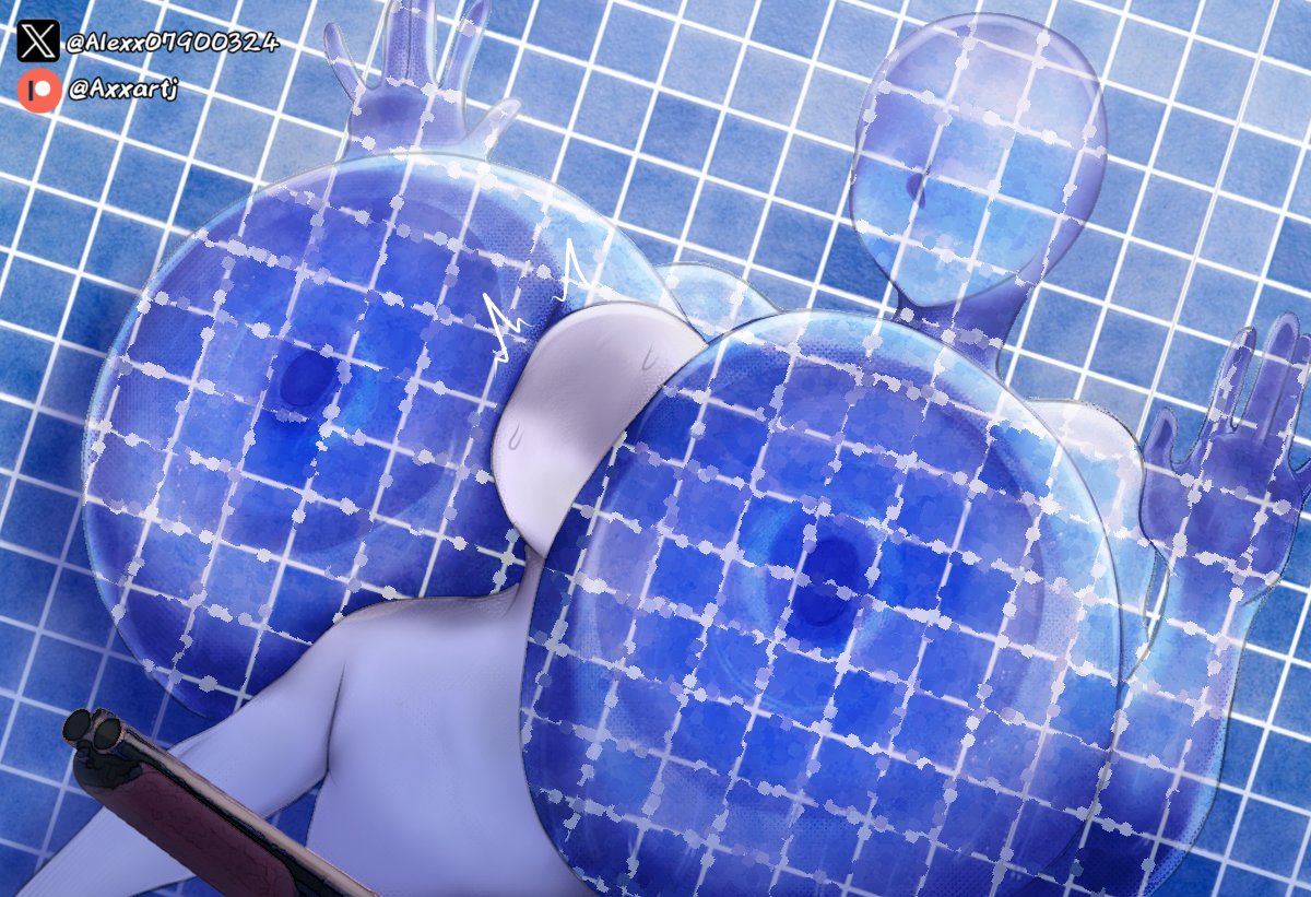 1boy, 1girls, areolae, axxartj, big areola, big breasts, bigger female, breasts, camouflage, gun, highres, large breasts, meccha chameleon, nervous, nipples, shotgun, size difference, smaller male, smothered, smothering breast, straight, sweat, white skin