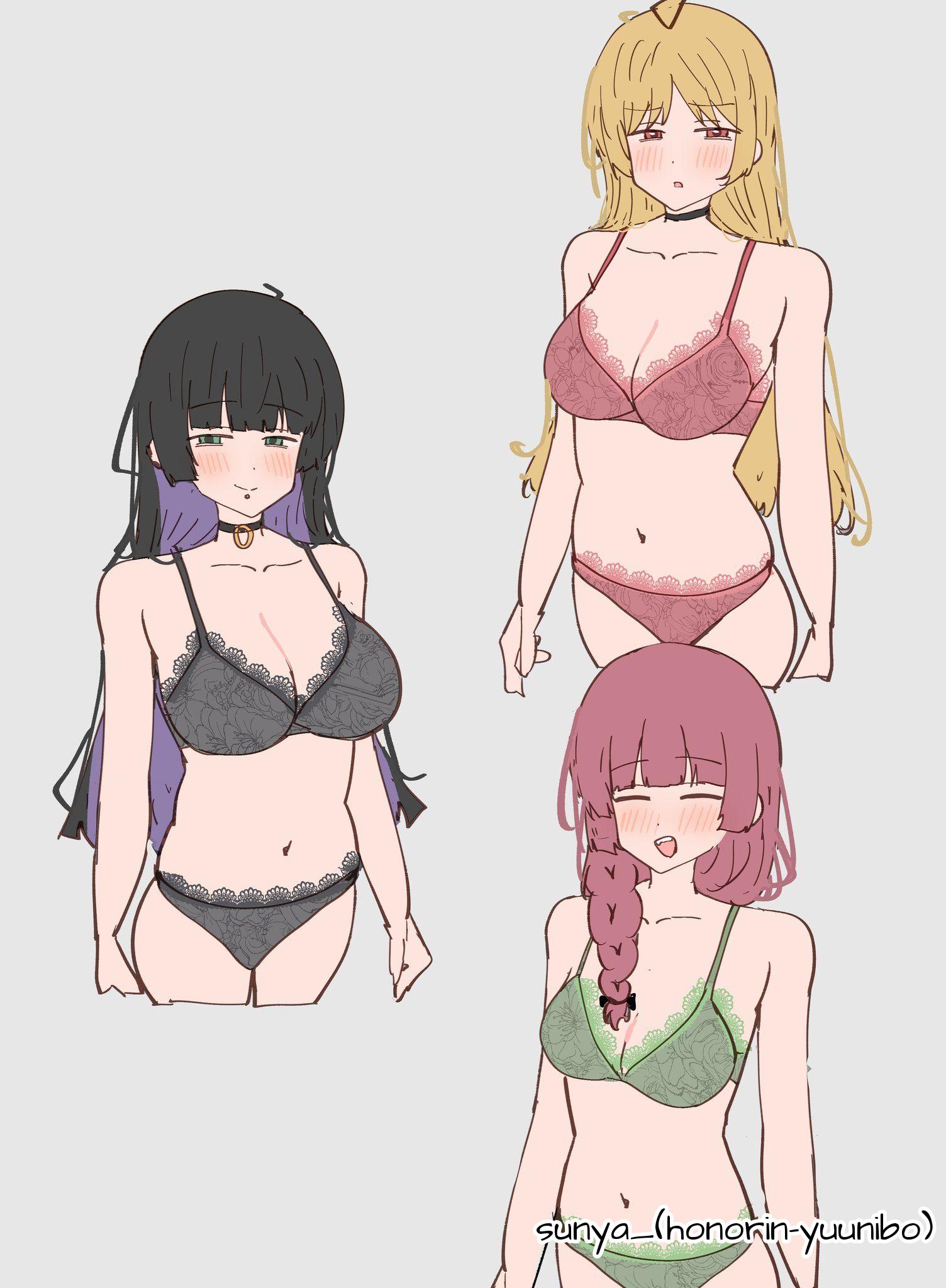 ///, 2d, 2d (artwork), 2d artwork, 3girls, adult, adult female, adults only, ahoge, almost naked, almost nude, alternate body type, alternate breast size, alternate breast size (larger), alternative breast size, anime, anime character, asian, asian female, asian girl, average breasts, background, baddie, bare arms, bare belly, bare chest, bare hands, bare hips, bare legs, bare midriff, bare navel, bare shoulders, bare skin, bare thighs, belly, belly button, bewitching thighs, big boobs, big breasts, black bra, black choker, black hair, black lingerie, black panties, black underwear, black-haired female, blonde, blonde female, blonde hair, blonde hair female, blonde-haired female, blunt bangs, blush face, blush lines, blushing, blushing at viewer, blushing female, blushing lines, bocchi the rock!, bra, braid, braided hair, braided ponytail, braids, breasts, busty, busty female, busty girl, child bearing hips, choker, cleavage, closed eyes, closed mouth smile, cloverworks, collarbone, colored inner hair, curvaceous, curvaceous body, curvaceous female, curvaceous figure, curvaceous hips, curvaceous thighs, curvy, curvy body, curvy female, curvy figure, curvy hips, curvy thighs, different breast sizes, digital, digital art, digital drawing, digital drawing (artwork), digital media, digital media (artwork), drawing, exposed, exposed arms, exposed belly, exposed chest, exposed hips, exposed legs, exposed midriff, exposed navel, exposed shoulders, exposed skin, exposed thighs, eyebrows visible through hair, fanart, female, female focus, female only, fertile, fertile hips, fingers, flushed, flushed cheeks, flushed face, from front, front view, green bra, green eyes, green lingerie, green panties, green underwear, green-eyed female, grey background, groin, hiroi kikuri, hourglass figure, huge boobs, huge breasts, ijichi seika, japanese, japanese female, japanese girl, lace bra, lace panties, lace underwear, lace-trimmed bra, lace-trimmed panties, lace-trimmed underwear, laced bra, laced panties, laced underwear, large boobs, large breasts, lascivious, lean figure, lingerie, lingerie bra, lingerie only, lingerie panties, lip piercing, long hair, looking at viewer, mature, mature female, mature woman, medium breasts, midriff, monotone background, mostly nude, mouth piercing, multicolored hair, multiple females, multiple girls, naked, naked female, naked woman, narrow waist, navel, nearly nude, nude, nude female, nudity, one color background, open mouth, open mouth smile, orange eyes, orange-eyed female, pa-san, panties, parted lips, pierced lip, pink bra, pink lingerie, pink panties, pink underwear, plain background, plump breasts, ponytail, portrait, practically nude, purple eyes, purple hair, purple-eyed female, purple-haired female, sharp teeth, shoulders, single braid, skindentation, slender body, slender waist, slim female, slim waist, smile, smiley face, smiling, smiling at viewer, solid color background, split-color hair, standing, sunya (honorin-yuunibo), thighs, tongue, top view, trio, trio female, two tone hair, two-tone hair, underwear, upper body, upper teeth, wide hips, woman, yellow hair, yellow-haired female