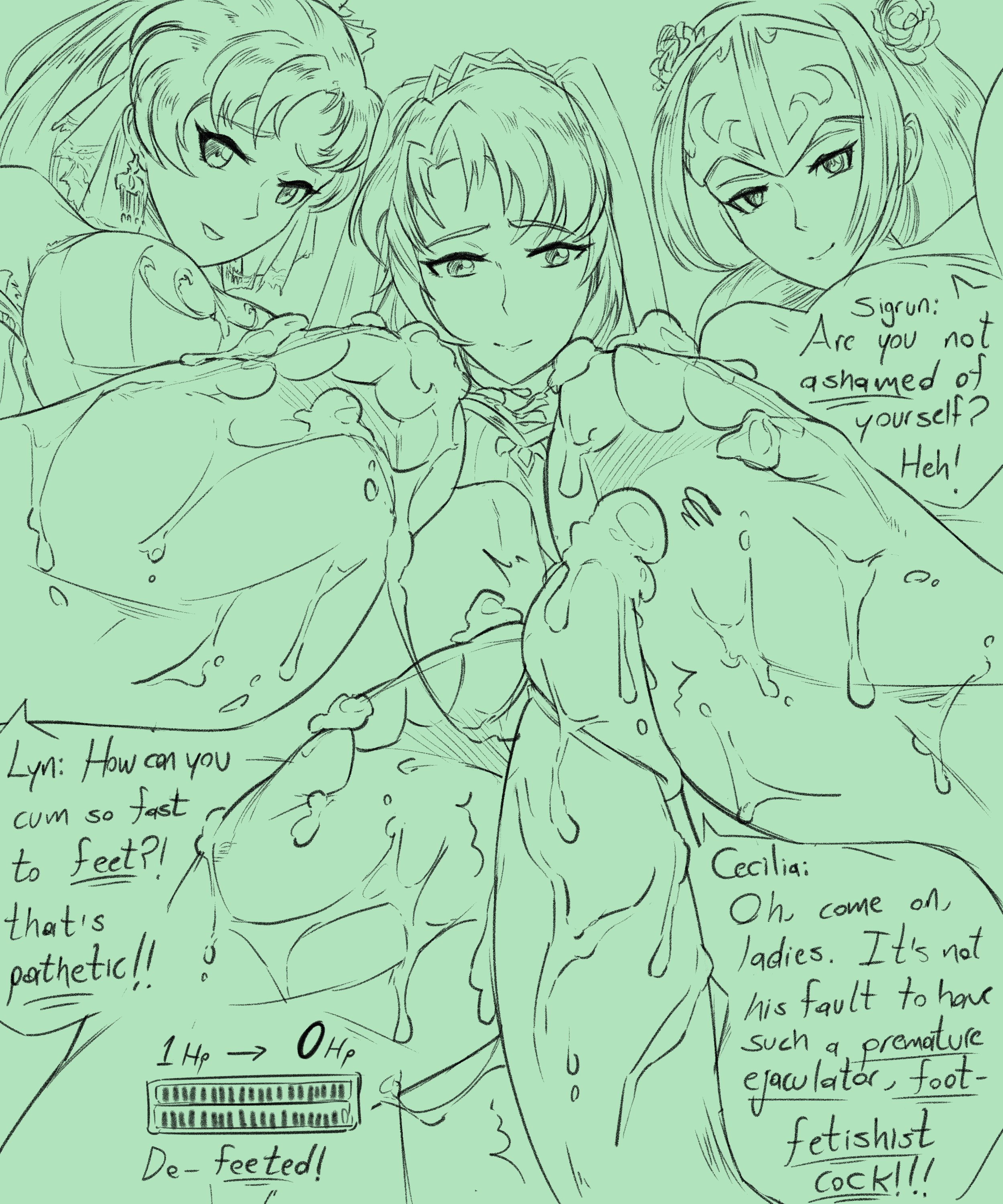 3girls, alternate costume, bride, bullying, cecilia (fire emblem), cum on feet, cum on soles, degradation, dragon blanche, ejaculation, english text, erect penis, erection, feet, female, femdom, fire emblem, fire emblem heroes, fire emblem: path of radiance, fire emblem: radiant dawn, fire emblem: the binding blade, fire emblem: the blazing blade, foot fetish, foot focus, green hair, humiliation, insult, lyn (bridal) (fire emblem), lyn (fire emblem), male, malesub, mocking, multiple females, multiple girls, nintendo, official alternate costume, orgasm from fellatio, penis, pov, pov feet, sigrun (fire emblem), smug, soles, stockings, text, wedding dress