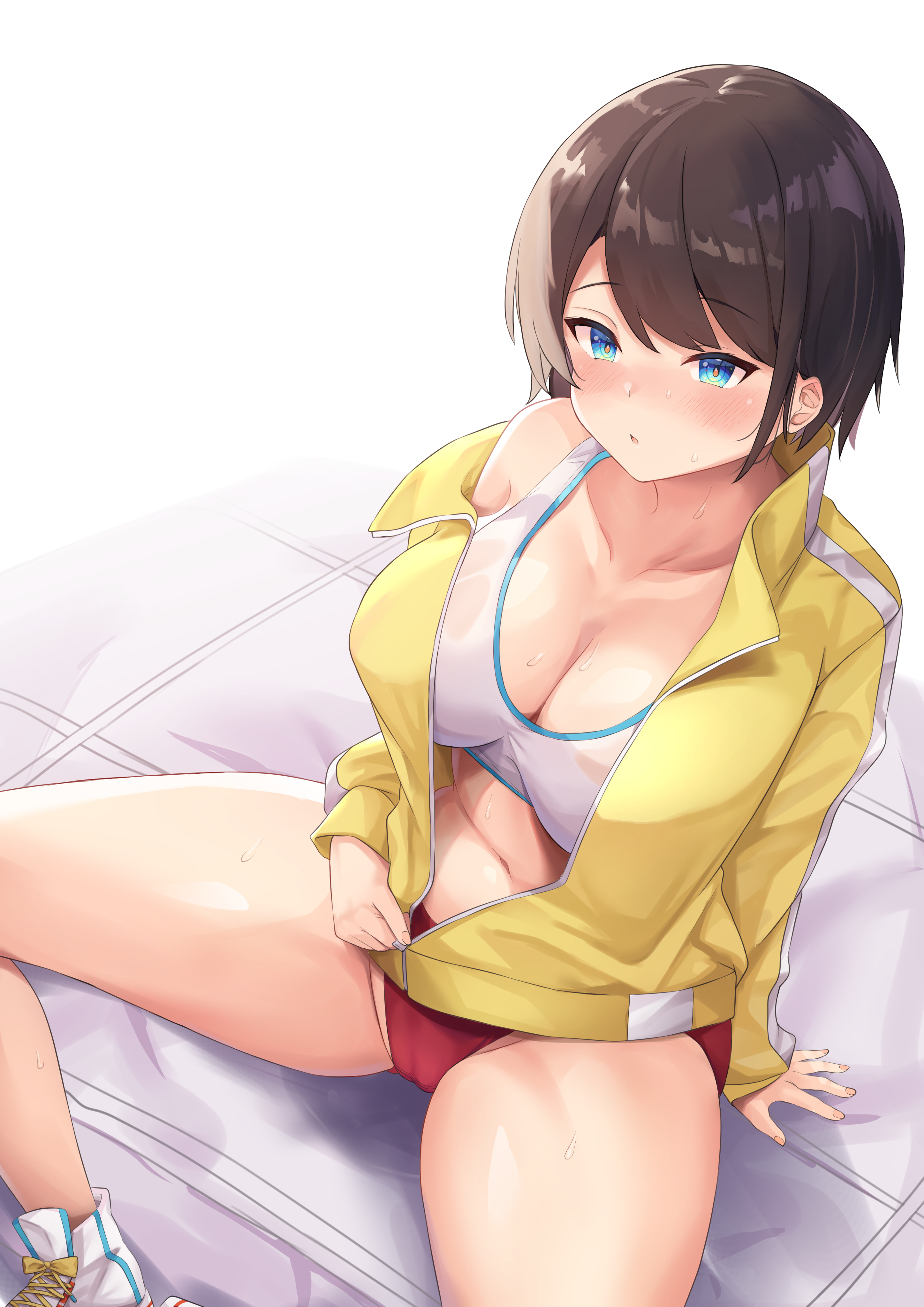 1girls, 2021, alternate version available, arm support, big breasts, blue eyes, breasts, brown hair, cameltoe, cleavage, covered nipples, dark hair, eyebrows visible through hair, eyelashes, female, female focus, female only, hololive, hololive gen 2, hololive japan, jacket, kusana (dudqja602), large breasts, looking down, oozora subaru, open jacket, open mouth, pussy, red shorts, short hair, shorts, simple background, sitting, sneakers, solo, solo female, sport shorts, sports bra, sports uniform, sportswear, spread legs, sweat, sweatdrop, thick thighs, thighs, virtual youtuber, yellow jacket
