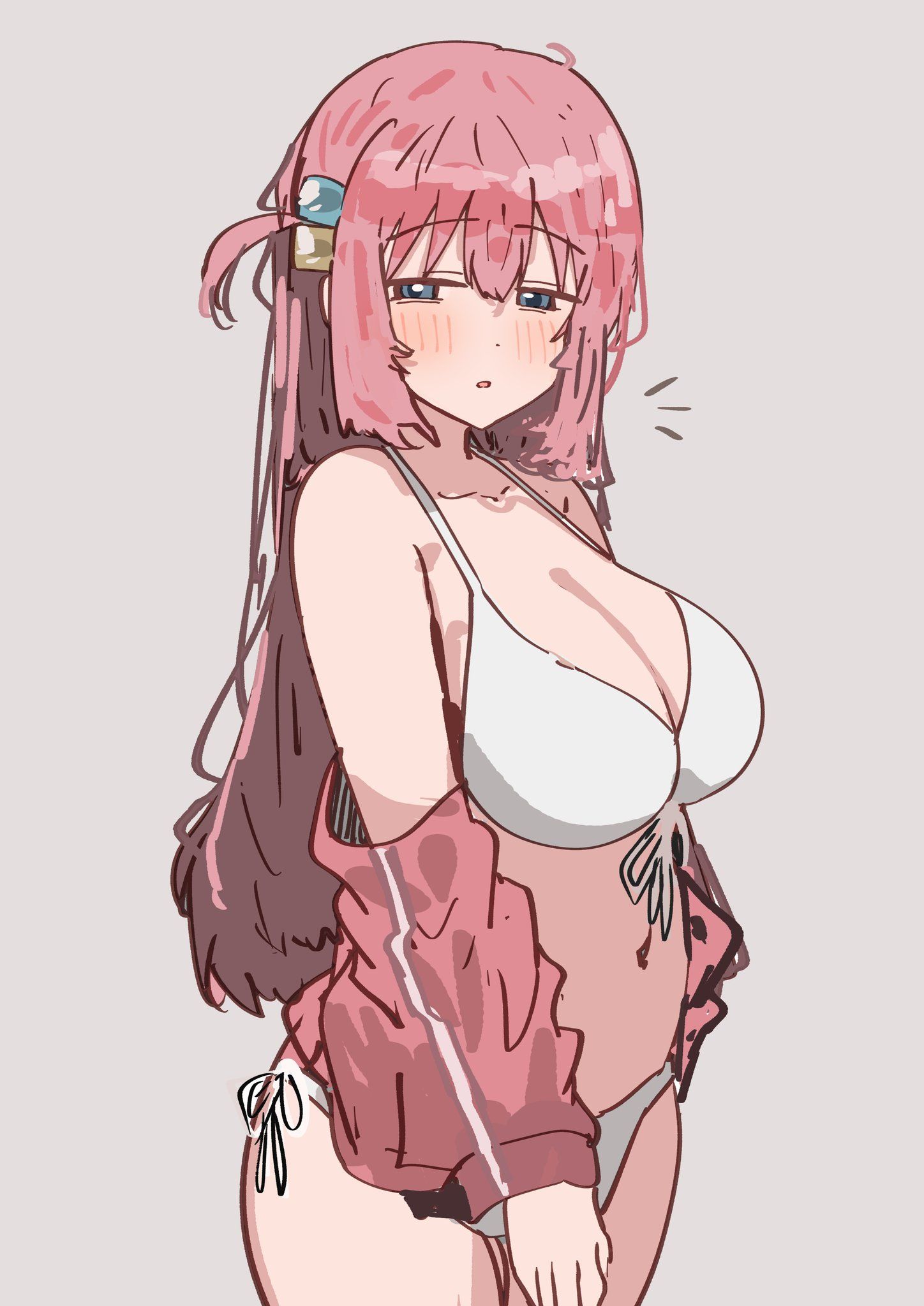 :o, ///, 1girls, 2d, 2d (artwork), 2d artwork, ahoge, anime, anime character, asian, asian female, asian girl, background, bare belly, bare chest, bare hands, bare legs, bare midriff, bare navel, bare shoulders, bare skin, bare thighs, belly, belly button, big boobs, big breasts, bikini, bikini bottom, bikini top, blue eyes, blue-eyed female, blush face, blush lines, blushing, blushing at viewer, blushing female, blushing lines, bocchi the rock!, breasts, busty, busty female, busty girl, busty teen, busty teenager, cleavage, cloverworks, coat, collarbone, curvaceous, curvaceous body, curvaceous female, curvaceous figure, curvaceous hips, curvaceous teenager, curvy, curvy body, curvy female, curvy figure, curvy hips, curvy teen, digital, digital art, digital drawing, digital drawing (artwork), digital media, digital media (artwork), drawing, exposed belly, exposed chest, exposed legs, exposed midriff, exposed navel, exposed shoulders, exposed skin, exposed thighs, eyebrows visible through hair, fanart, female, female focus, female only, female protagonist, flushed, flushed cheeks, flushed face, from side, front-tie bikini, front-tie bikini top, gotou hitori, grey background, guitarist, hair between eyes, hair ornament, halterneck, high school student, hourglass figure, jacket, japanese, japanese female, japanese girl, large boobs, large breasts, lean figure, long hair, looking at viewer, midriff, monotone background, narrow waist, navel, one color background, open coat, open jacket, open mouth, parted lips, pink coat, pink hair, pink jacket, pink-haired female, plain background, portrait, school girl, shoulders, side view, side-tie bikini, sidelocks, slender body, slender waist, slim female, slim waist, solid color background, solo, standing, string bikini, sunya (honorin-yuunibo), swimsuit, swimwear, teen girl, teenage female, teenage girl, teenage tits, teenager, thick thighs, thighs, three-quarter view, top view, upper body, white bikini, white bikini bottom, white bikini top, white swimsuit, white swimwear, wide hips, young female, young woman