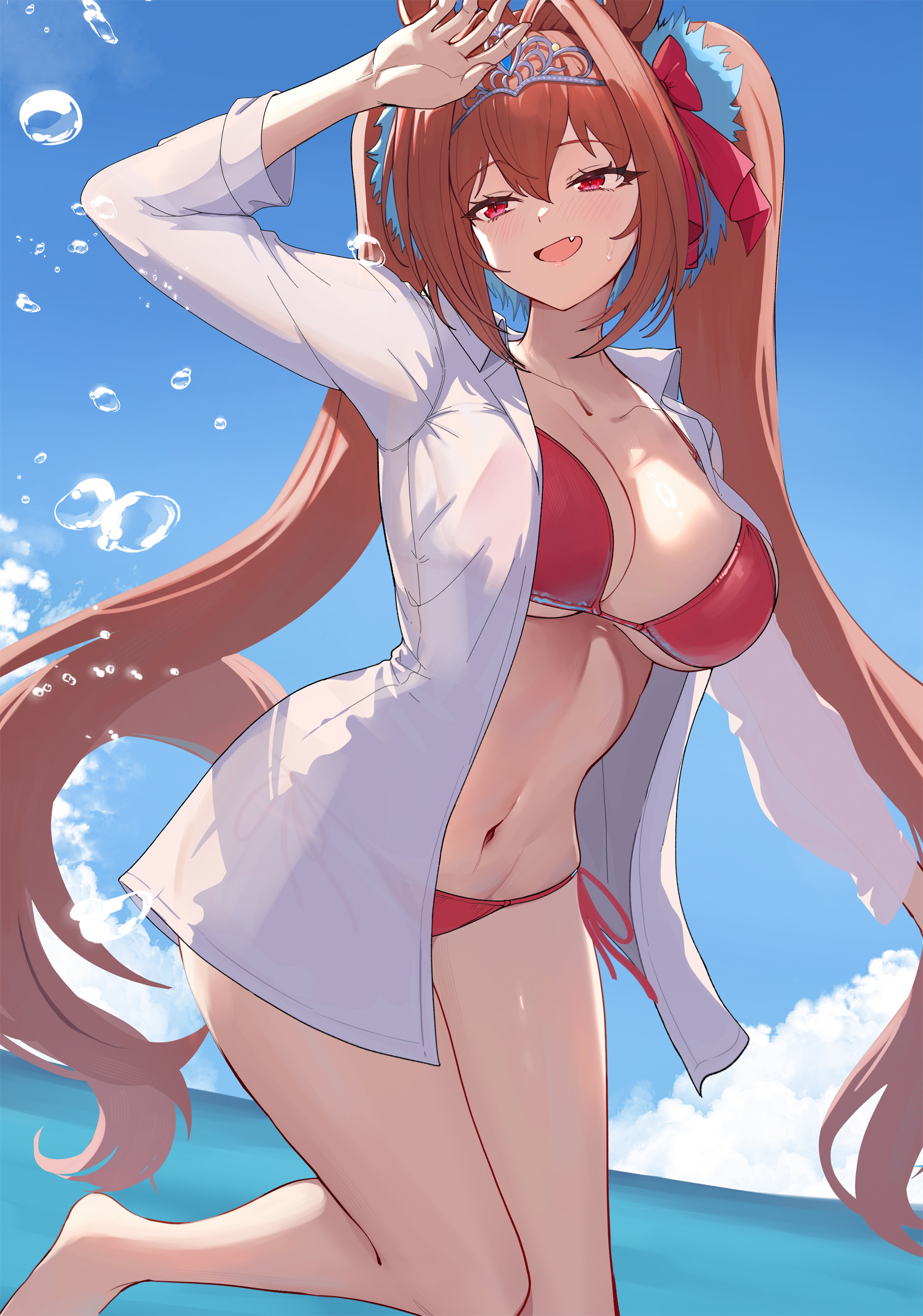 1girl, beach, cleavage, daiwa scarlet (umamusume), horse ears, horse girl, horse tail, large breasts, long hair, navel, ocean, open shirt, outdoors, red bikini, red eyes, solo, stomach, take978733141, twintails, umamusume, umamusume pretty derby, very long hair, white shirt