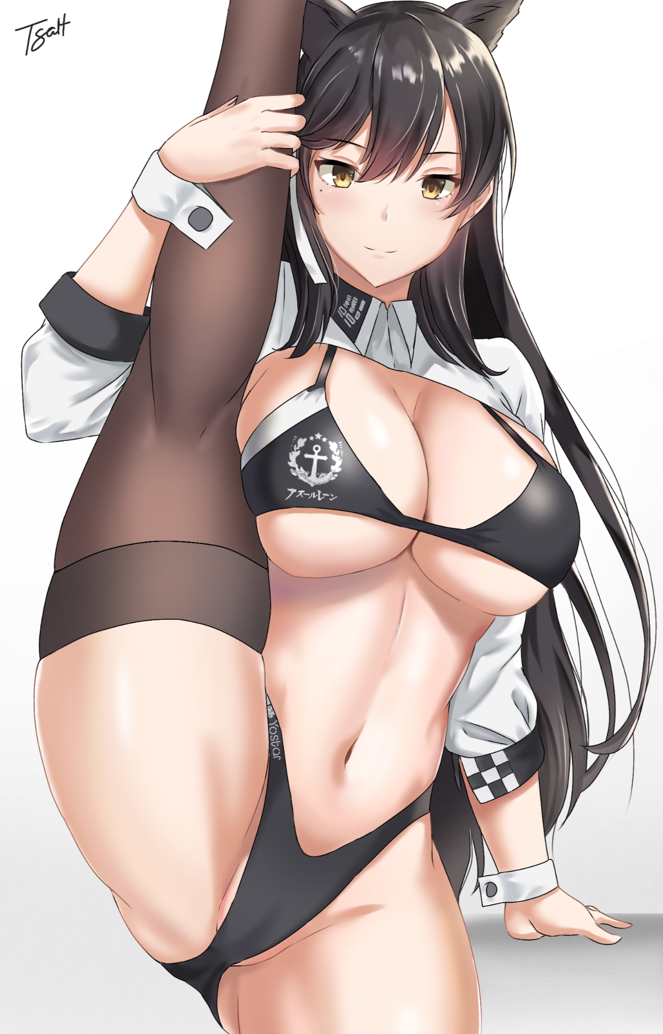 1girls, 2020, animal ears, arm support, atago (azur lane), atago (stunning speedster) (azur lane), azur lane, bangs, bikini, black bikini, black hair, blush, breasts, brown eyes, brown legwear, cleavage, female, female focus, female only, hair between eyes, hair ribbon, highres, large breasts, long hair, looking at viewer, mole, mole under eye, navel, race queen, ribbon, shrug (clothing), signature, simple background, smile, solo, solo female, split, splits, standing, standing on one leg, standing split, swimsuit, tacticsalt, thighhighs, thighs, vertical splits, white background, white ribbon, wrist cuffs