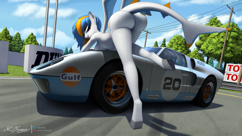 2022 absurd_res anthro ass breasts car clearvision cloud cutie_mark detailed_background digital_media_(artwork) fan_character female hasbro hi_res huge_filesize hybrid looking_at_viewer my_little_pony nude outside rear_view shadow solo text vehicle wings