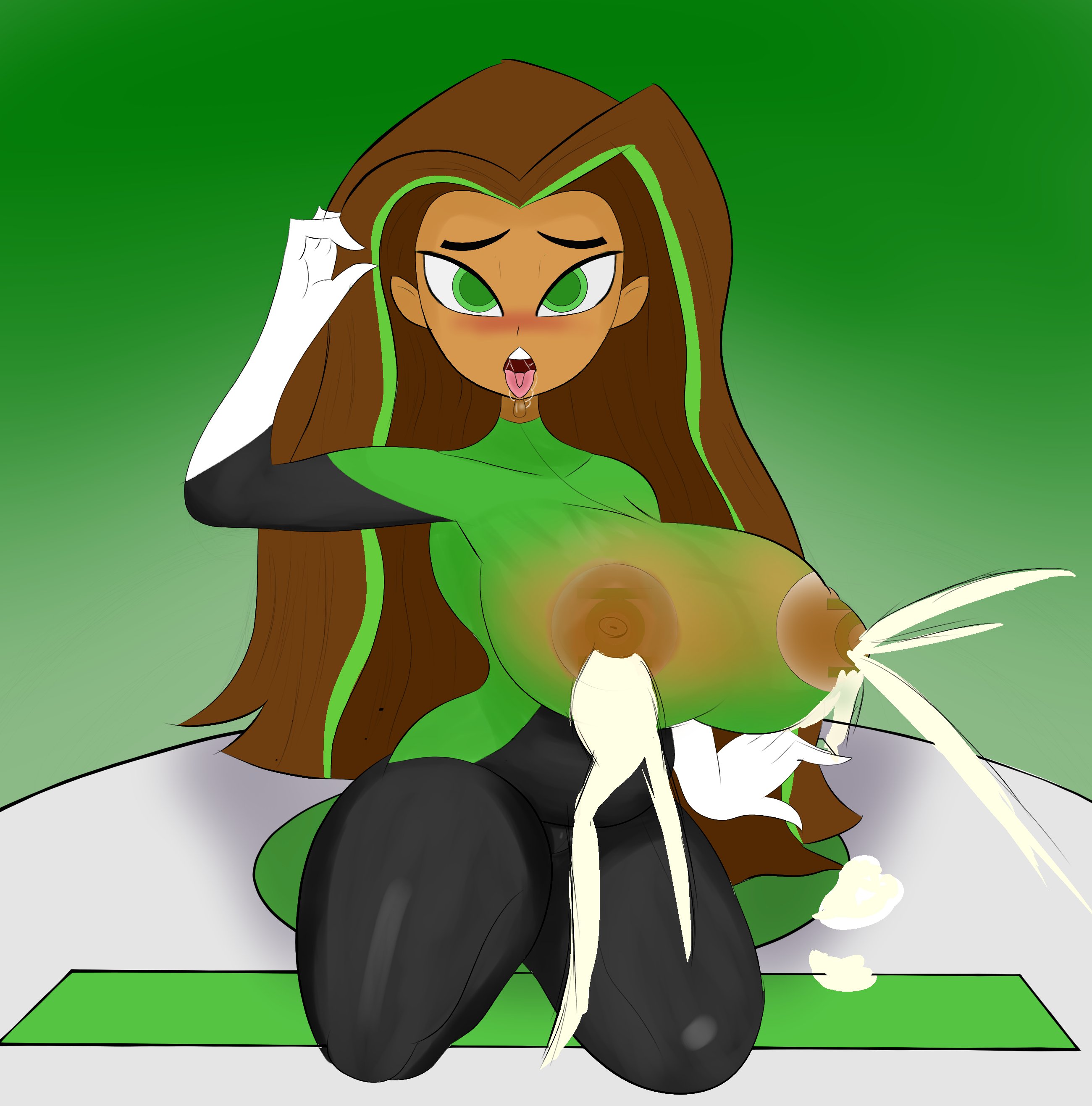 1girls, ahe gao, big breasts, blush, breasts, clothing, dark skin, dark-skinned female, dc, dc comics, dc super hero girls, drooling, erect nipples, erect nipples under clothes, female, female only, green lantern, huge breasts, jessica cruz, lactation, lactation through clothes, large breasts, latina, magicapencil, nipples, nipples visible through clothing, solo, tongue, tongue out