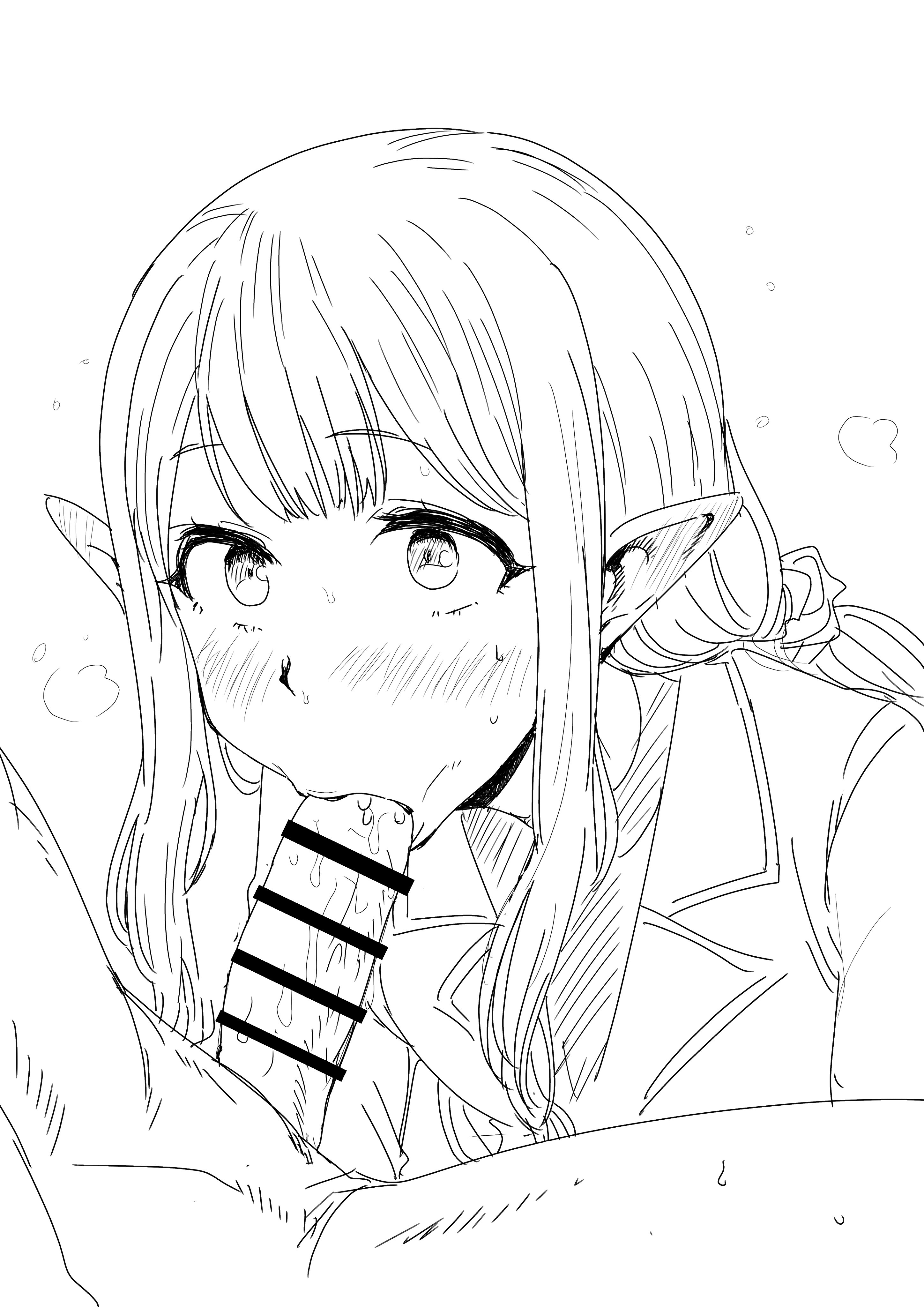 :>=, 1boy, 1girls, bar censor, black and white, blowjob, blush, censored, cute, elf, elu (nijisanji), eye contact, fellatio, female, hair ornament, kaiman (artist), kaiman garupan, long hair, male, monochrome, nijisanji, oral, oral sex, penis, pointy ears, ponytail, school uniform, teenager, virtual youtuber