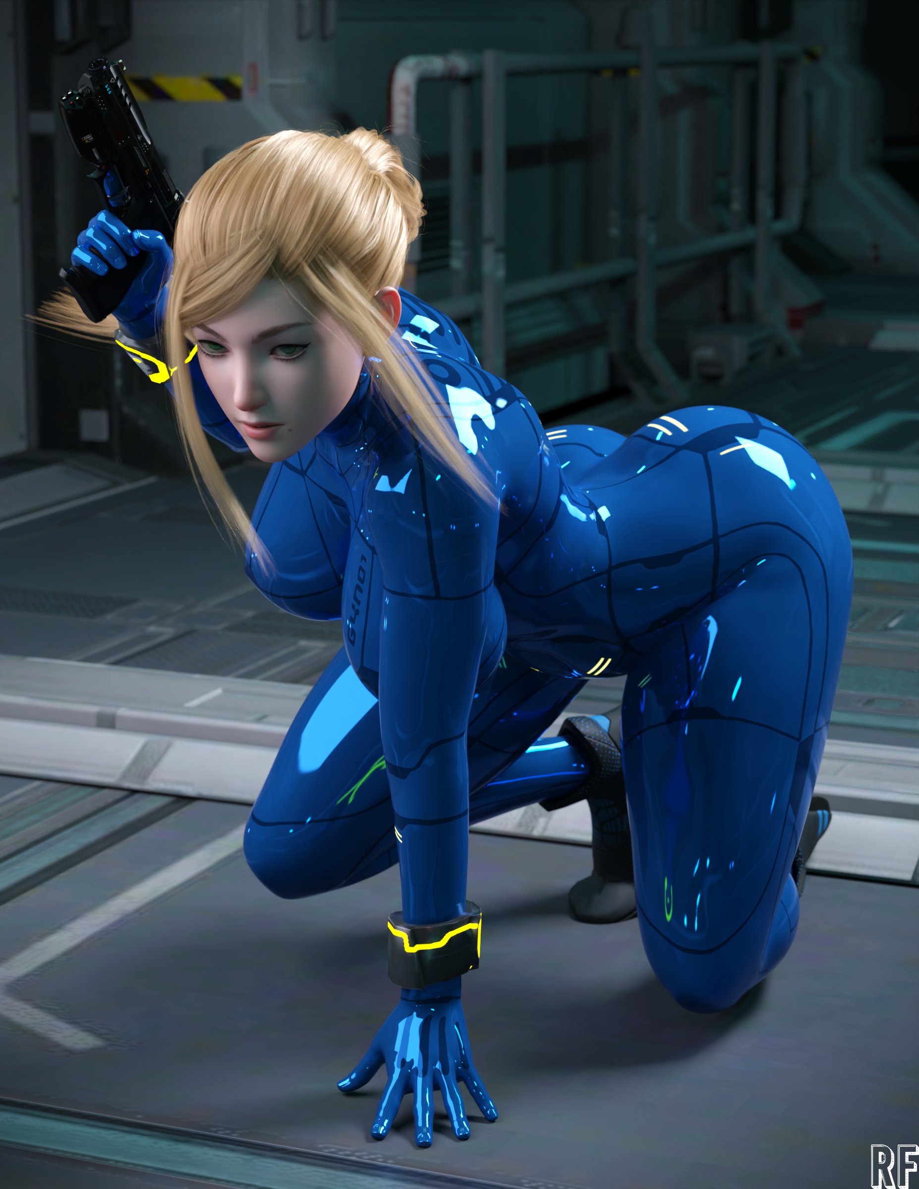 1girls, 3d, big breasts, bimbo, blonde hair, bodysuit, breasts, female, female only, green eyes, large breasts, metroid, rude frog, samus aran, solo, zero suit, zero suit samus