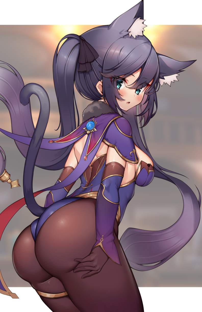 1girls, 2022, alternate breast size, animal ears, ass, ass focus, backless outfit, big ass, black hair, blurry background, blush, breasts, bubble ass, bubble butt, cat ears, cat girl, cat tail, catgirl, detached sleeves, female, female only, genshin impact, green eyes, hair ornament, hips, kaptivate, large ass, large breasts, long hair, looking at viewer, mona (genshin impact), png, purple leotard, reaching back, sideboob, simple background, slim waist, tail, thick thighs, thighs, tights, twintails, wide hips