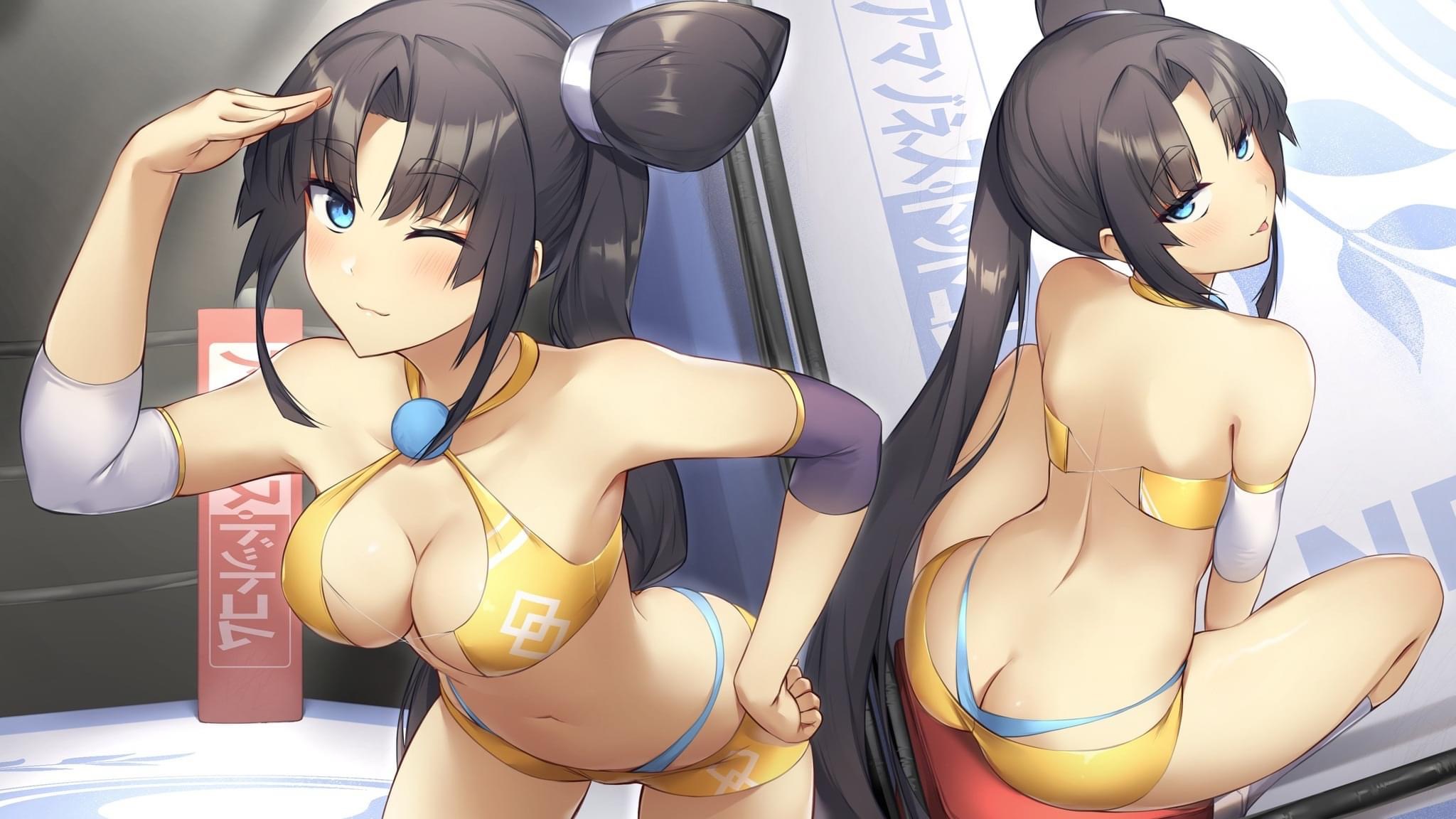 ass, ass cleavage, ass crack, black hair, blush, breasts, butt crack, cleavage, elbow pads, fate (series), fate/grand order, female, front view, looking back, p!nta, rear view, side ponytail, ushiwakamaru (fate/grand order), wrestling outfit, wrestling ring