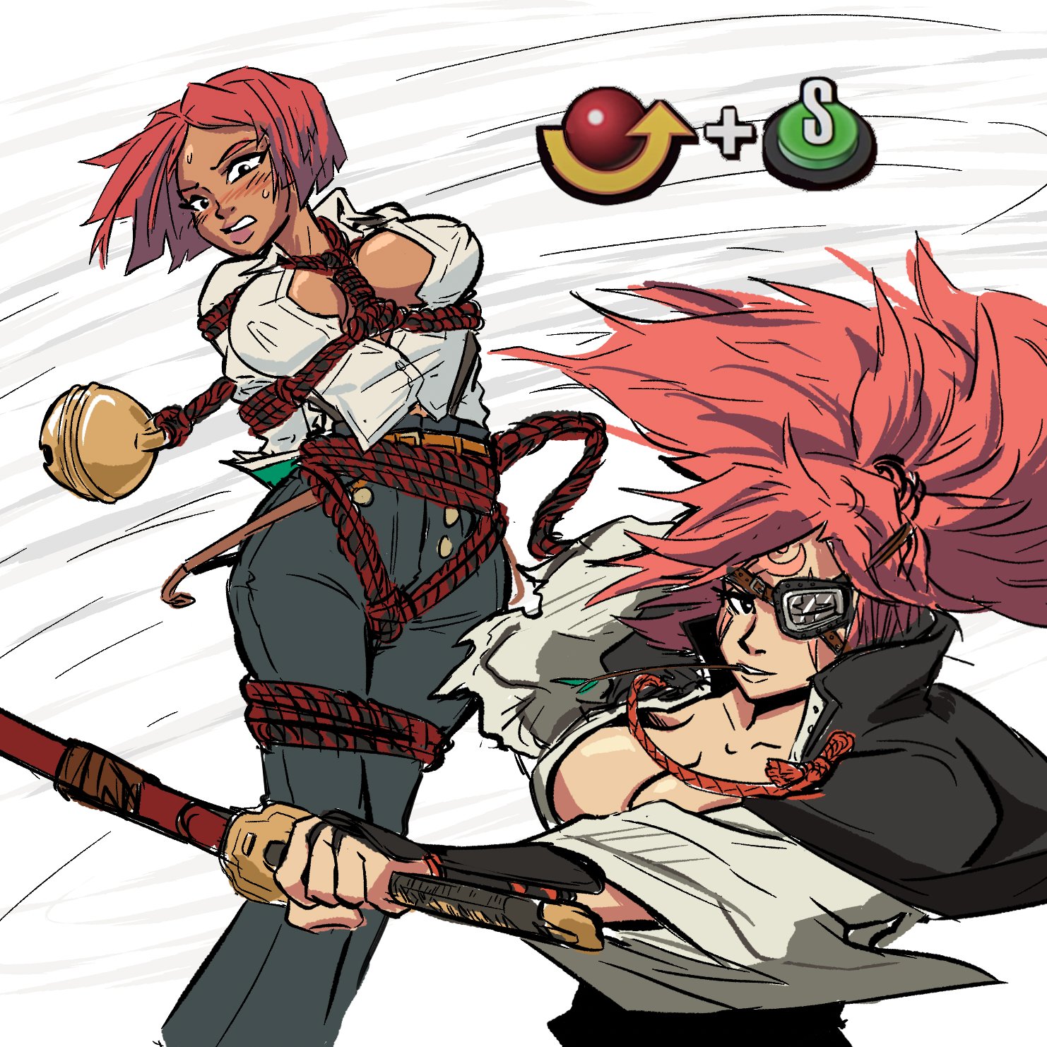 amputee, baiken, blush, bondage, brazilian, brazilian female, breasts, cleavage, command input, dark skin, dark-skinned female, eye patch, female, giovanna (guilty gear), guilty gear, guilty gear strive, japanese, katana, kimono, light skin, light-skinned female, long hair, nipple bulge, open kimono, ponytail, red hair, rope, rope bondage, short hair, straw in mouth