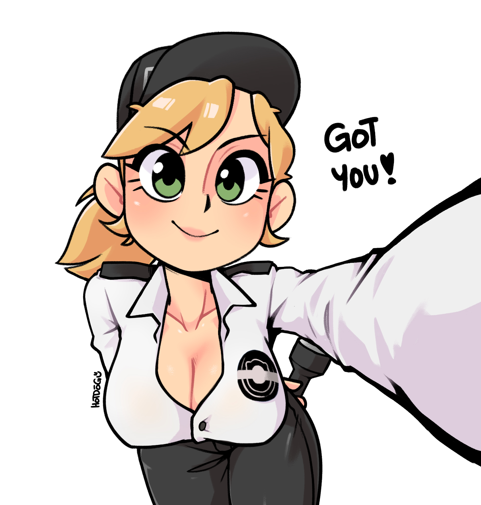 1girls, absurd res, artist name, blonde hair, breasts, cleavage, cute, cute expression, electronics, english text, female, female only, five nights at freddy's, five nights at freddy's: security breach, flashlight, green eyes, hi res, hotdogu, human, large breasts, leaning forward, pov, pov eye contact, smile, solo, text, vanessa (fnaf), white background, wholesome