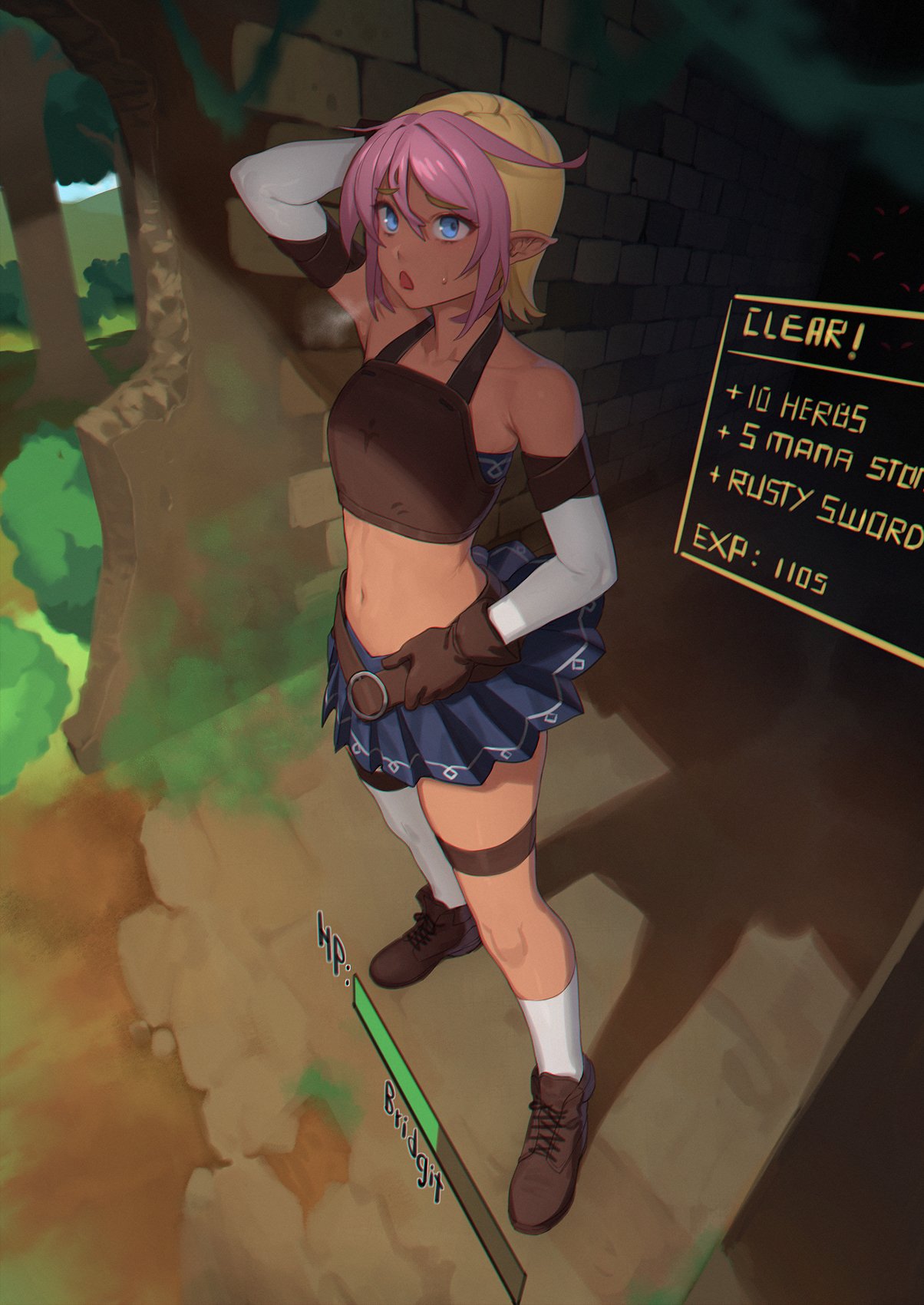 1girls, blonde hair, blue eyes, bridgit (nilsunna), elf, female, hand behind head, hp bar, nilsunna, open mouth, petite, pink hair, single thighhigh, skirt, solo, standing, teenager, young