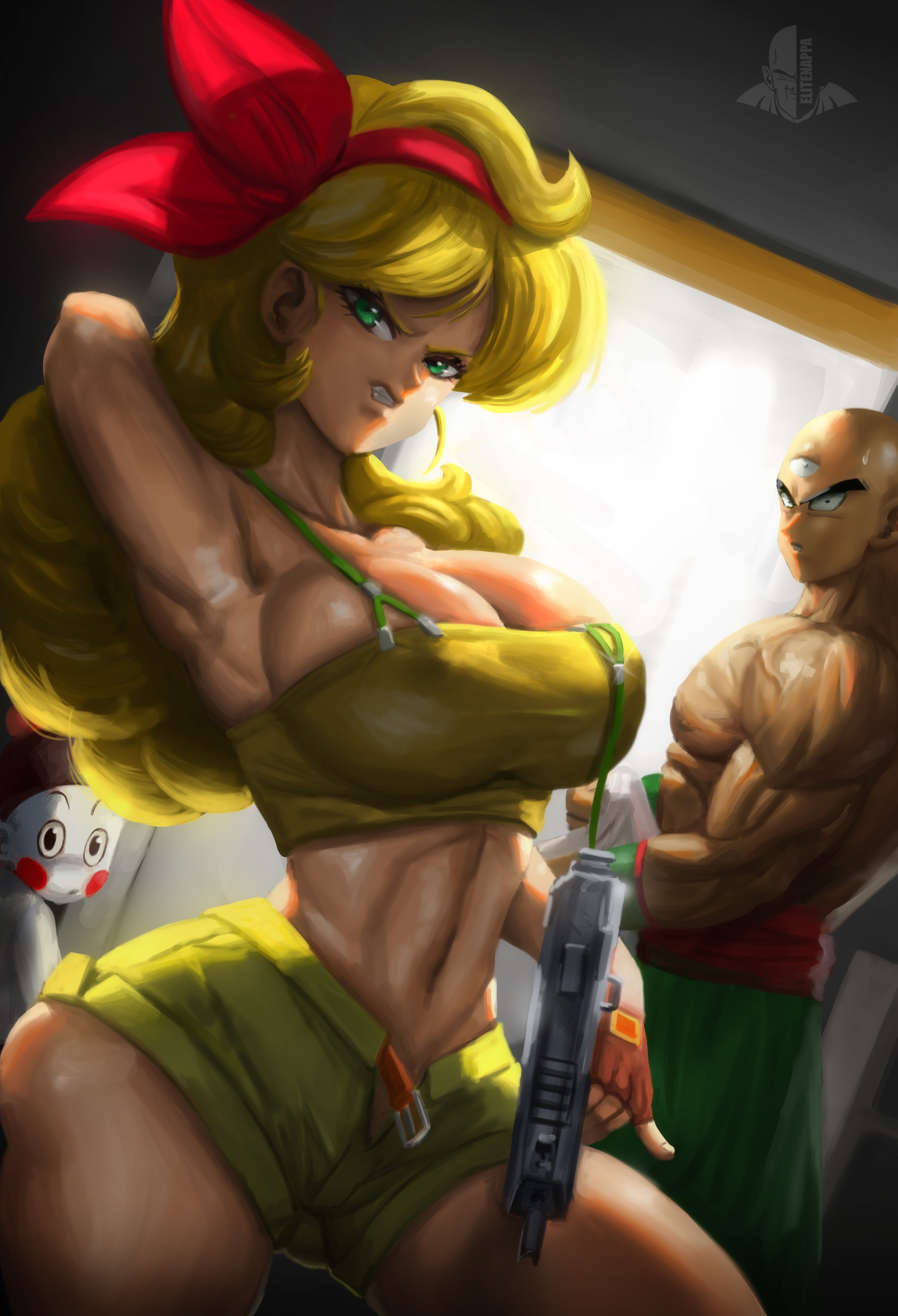 1girls, 2boys, armpits, bad launch, big breasts, blonde hair, breasts, chiaotzu, cleavage, clothing, dragon ball, elitenappa, female, female focus, firearm, green eyes, gun, handgun, human, launch, lunch (dragon ball), male, pale skin, tenshinhan, thick thighs, tien shinhan, tight clothing, weapon