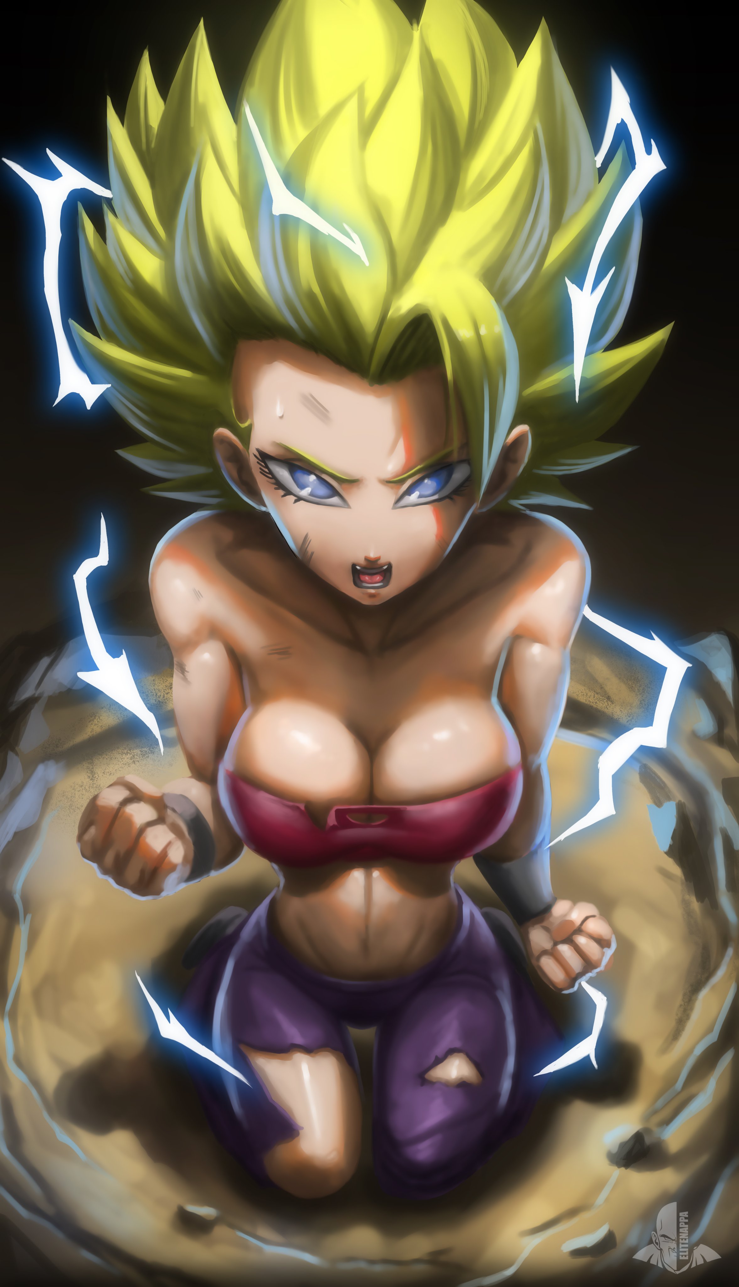 1girls, big breasts, blue eyes, breasts, caulifla, cleavage, dragon ball, dragon ball super, elitenappa, female, female only, female saiyan, kneeling, power up, ripped clothing, saiyan, sparkles, super saiyan 2, yellow hair