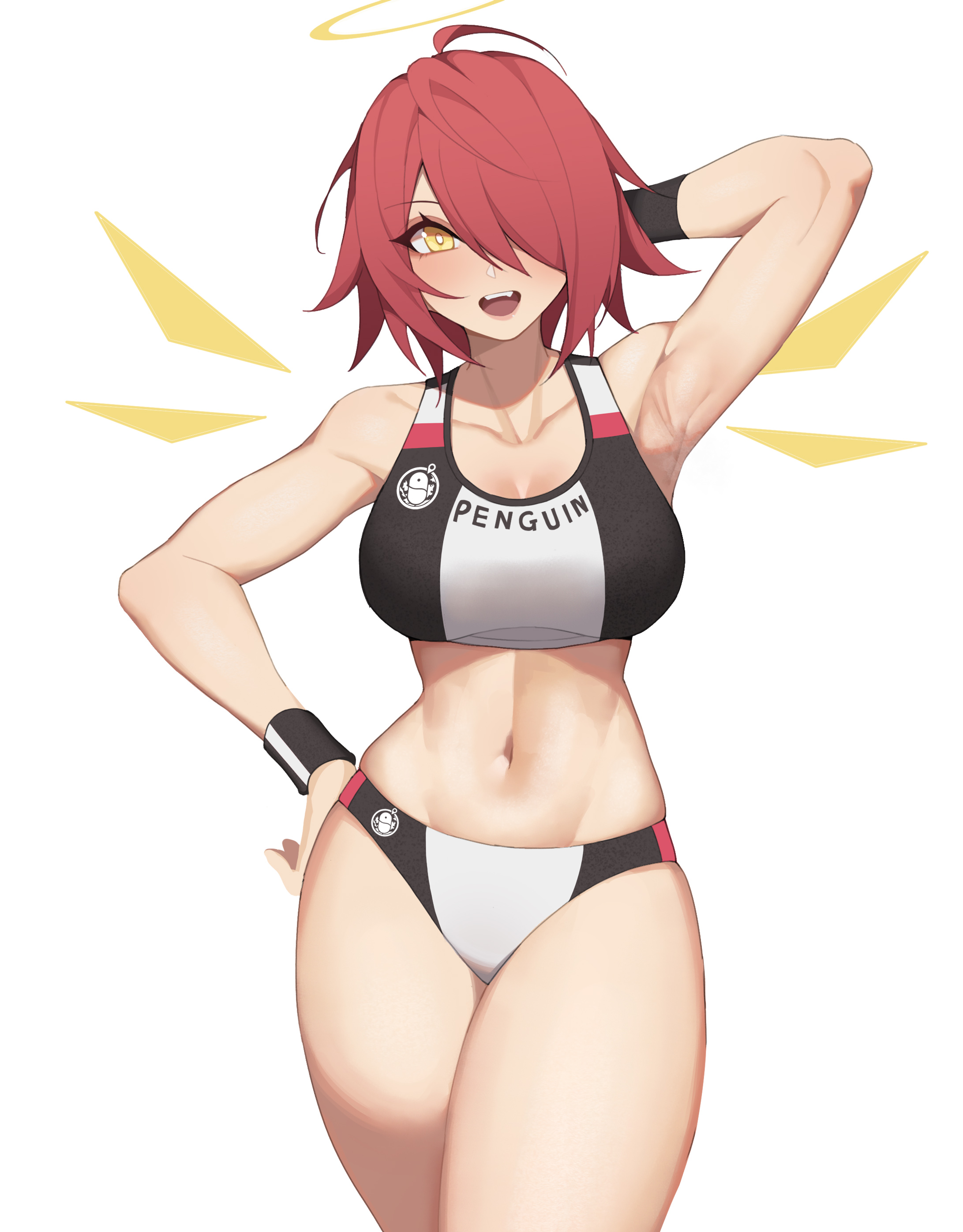 :d, absurdres, arknights, arm behind head, armpits, bangs, bare arms, bare shoulders, breasts, cropped legs, exusiai (arknights), female, hair over one eye, halo, hanenosaki, highres, large breasts, looking at viewer, midriff, navel, red hair, short hair, simple background, smile, solo, sports bra, standing, stomach, thick thighs, thighs, white background, yellow eyes