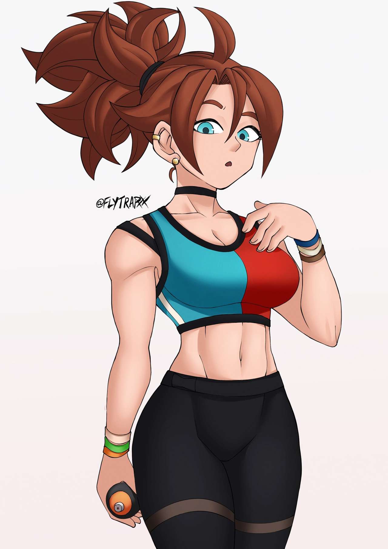 1girls, abs, android 21, android 21 (human), belly, blue eyes, brown hair, choker, dragon ball, dragon ball fighterz, earrings, female, female only, flytrapxx, fully clothed, human, leggings, midriff, muscular, ponytail, slightly muscular, solo, solo female, solo focus, sports bra, tagme, toned, toned body, toned female, toned stomach, water bottle