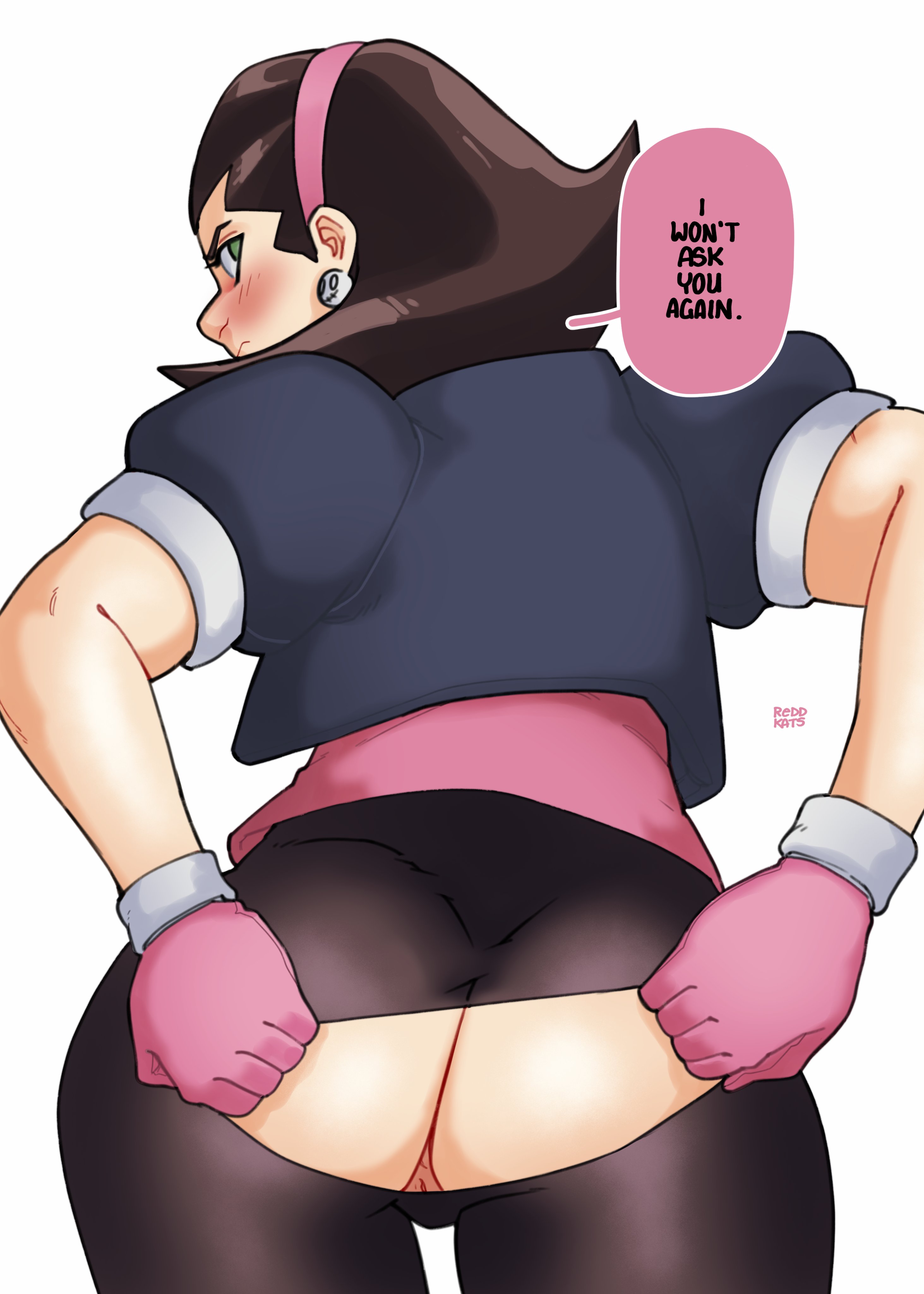 1girls, anus, anus peek, ass, big ass, big butt, blue eyes, brown hair, come hither, eye contact, female, gloves, looking at viewer, looking back, mega man, mega man legends, pantyhose, pussy, reddkats, ripped clothing, ripped pants, short hair, solo, speech bubble, standing, text, thighs, torn pantyhose, tron bonne