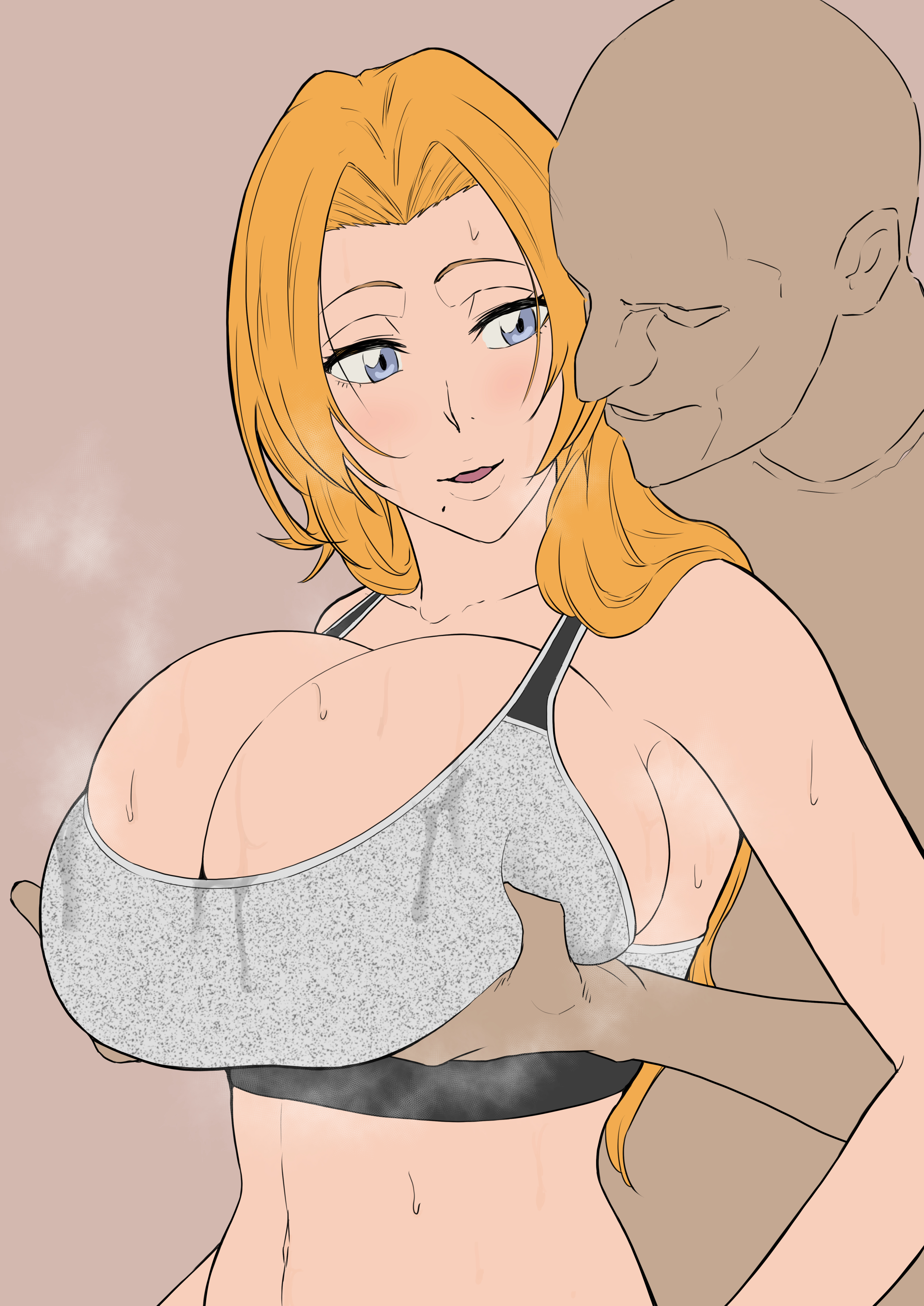 1boy, 1girls, absurdres, bangs, beige background, bleach, blue eyes, blush, bra, breast grab, breasts, brown background, cleavage, cleavage overflow, commentary, deep cleavage, faceless, faceless male, female, full cleavage, grabbing, grabbing from behind, grey bra, highres, huge breasts, iwao178, long hair, looking at another, looking back, male, matsumoto rangiku, navel, orange hair, parted bangs, parted lips, reward available, sideboob, simple background, smile, solo focus, sports bra, steaming body, straight, sweat, sweatdrop, underwear