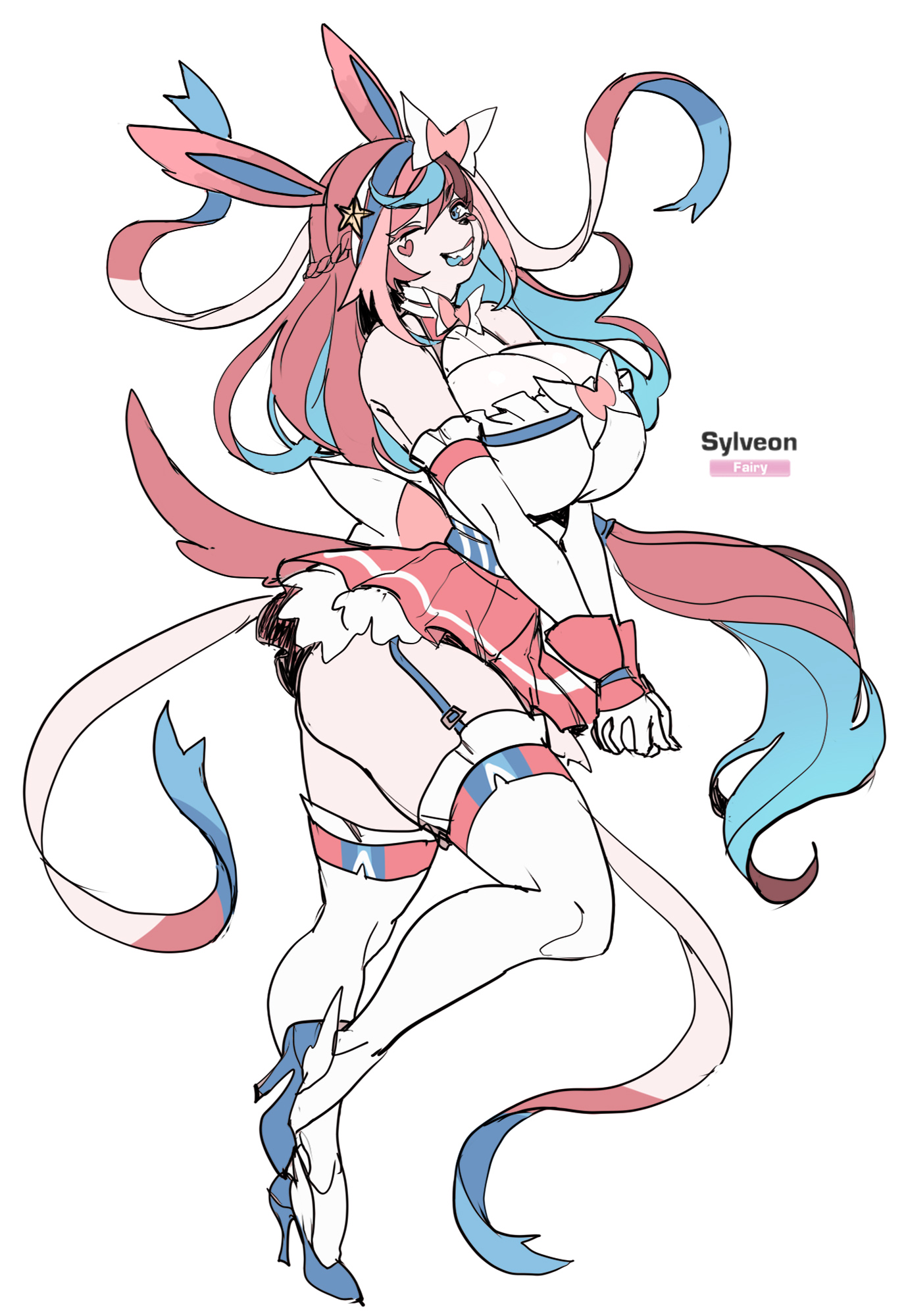 anthro, ass, big breasts, breasts, cleavage, clothed, clothing, eeveelution, female, fully clothed, garter straps, hair, hi res, high heels, legwear, maniacpaint, nintendo, one eye closed, pink hair, pokémon (species), pokemon, pokemon (species), simple background, solo, sylveon, thigh highs, video games, white background, wink